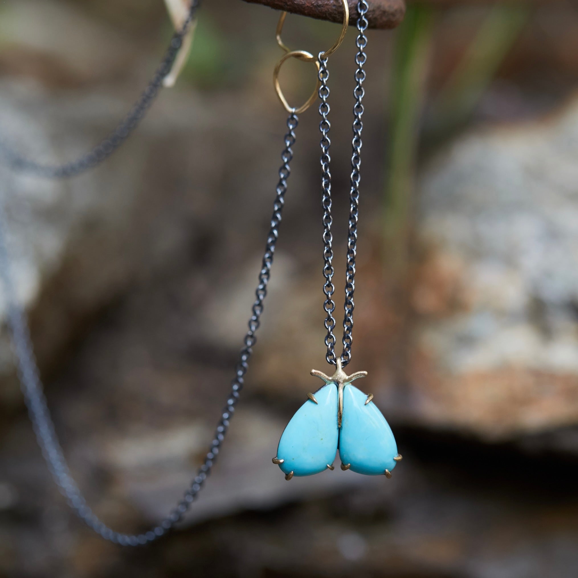 kingman turquoise longtail moth necklace with prongs by hannah blount jewelry