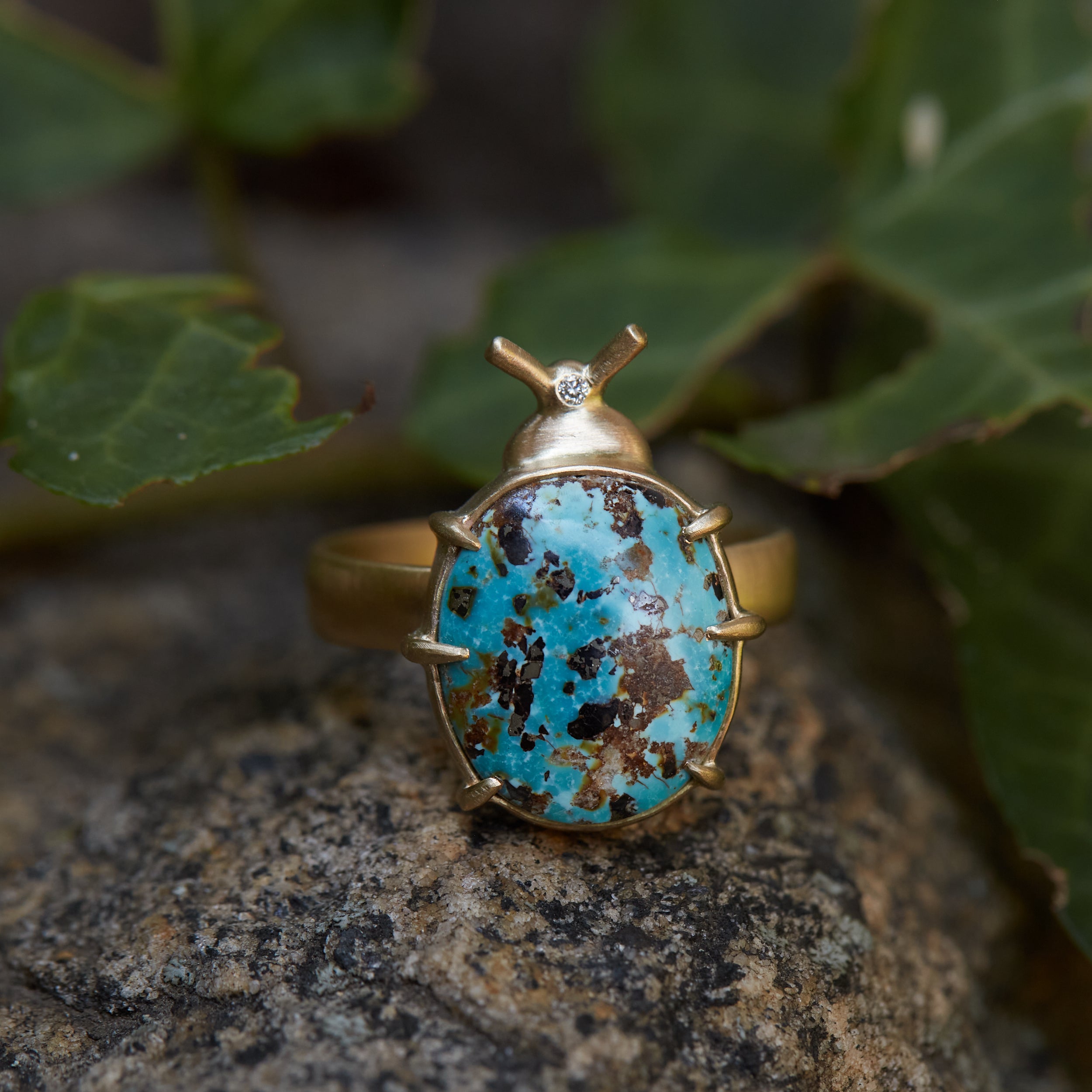Persian Turquoise with Pyrite Pleasing Beetle Ring by Hannah Blount Jewelry