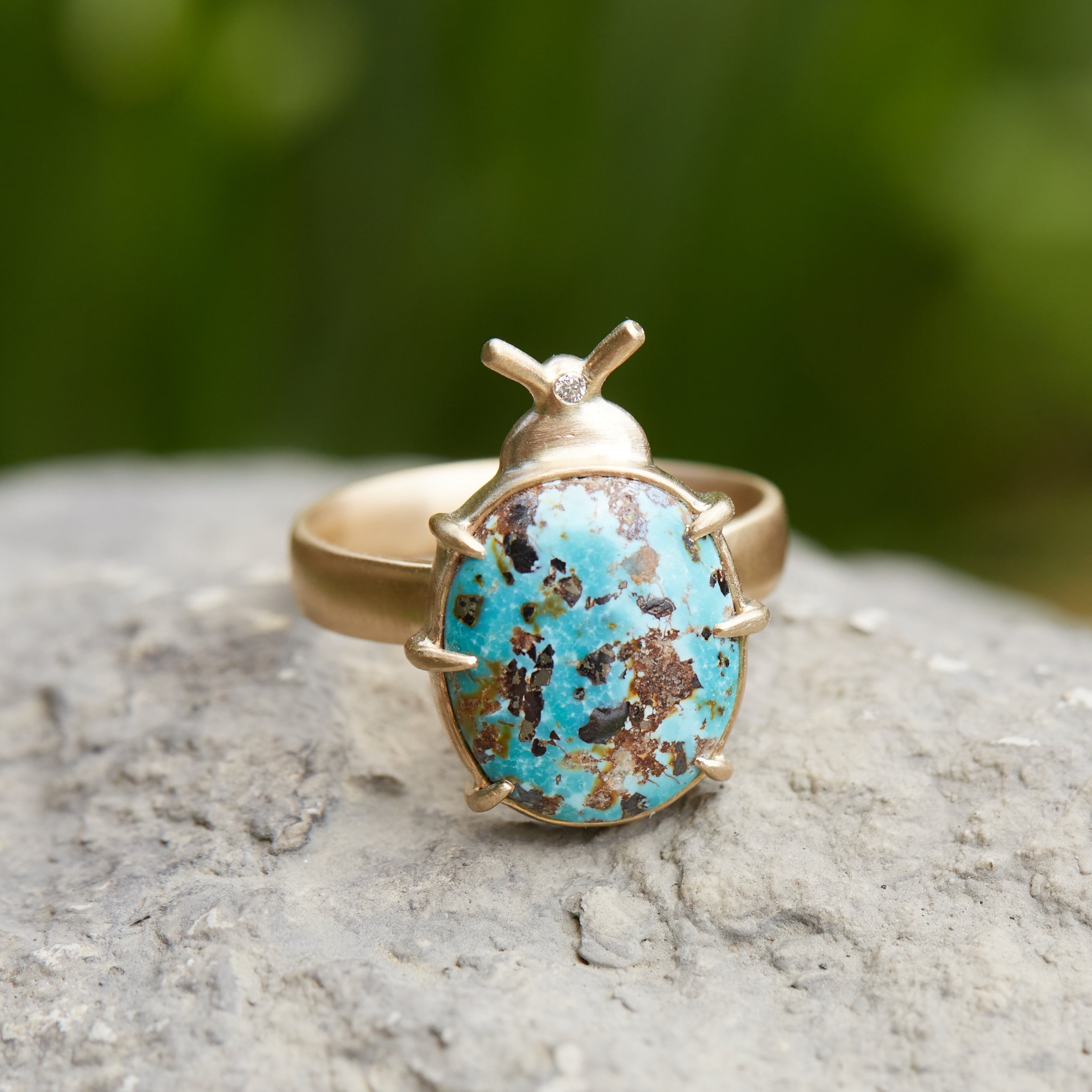 Persian Turquoise with Pyrite Pleasing Beetle Ring by Hannah Blount Jewelry