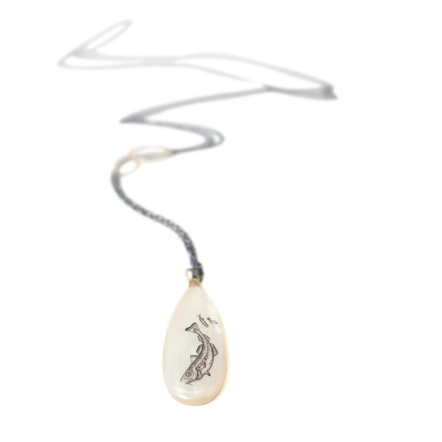 Codfish and school of fish scrimshaw on mother of pearl - necklace