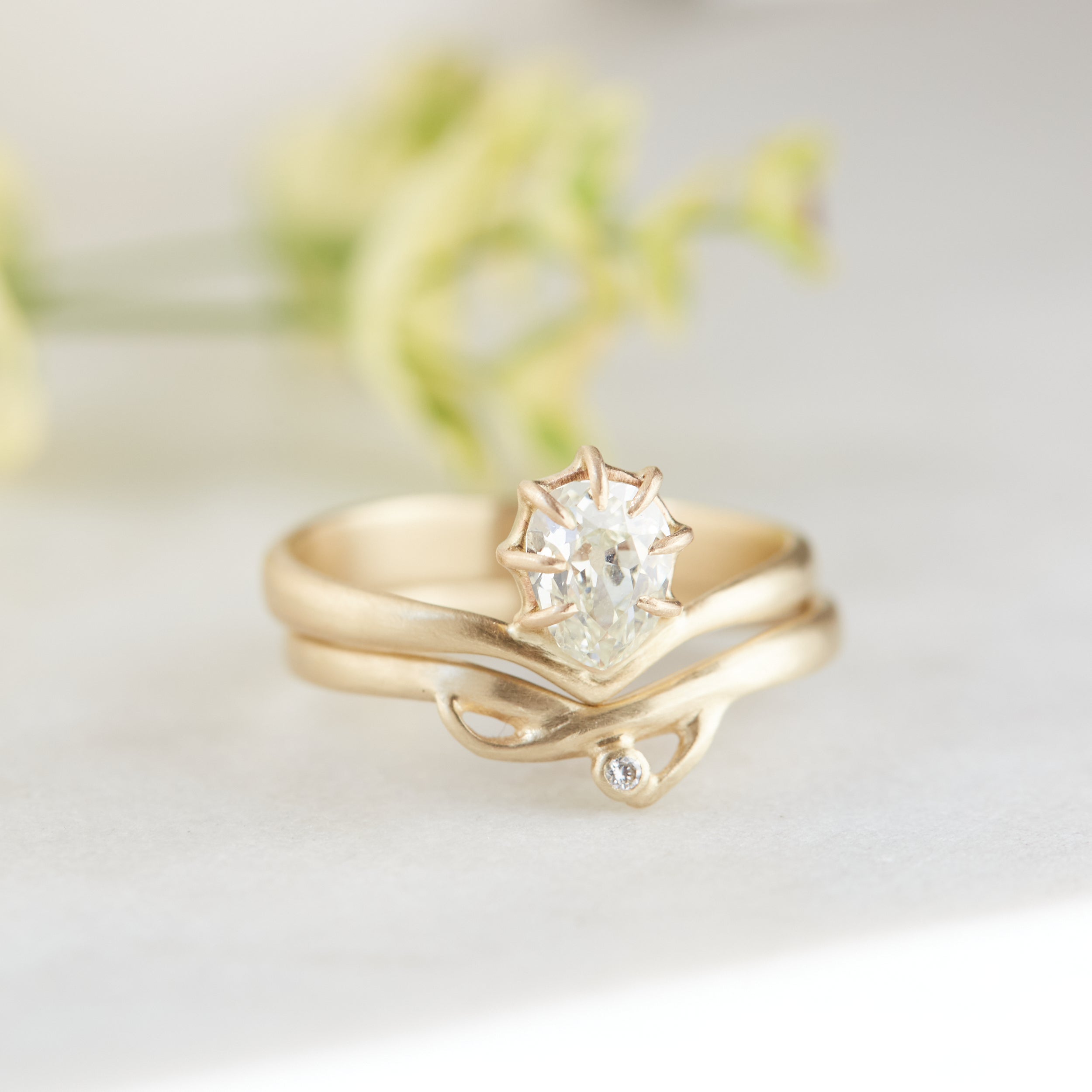 Antique Egg Diamond Vanity Ring paired with little gold branch band by Hannah Blount
