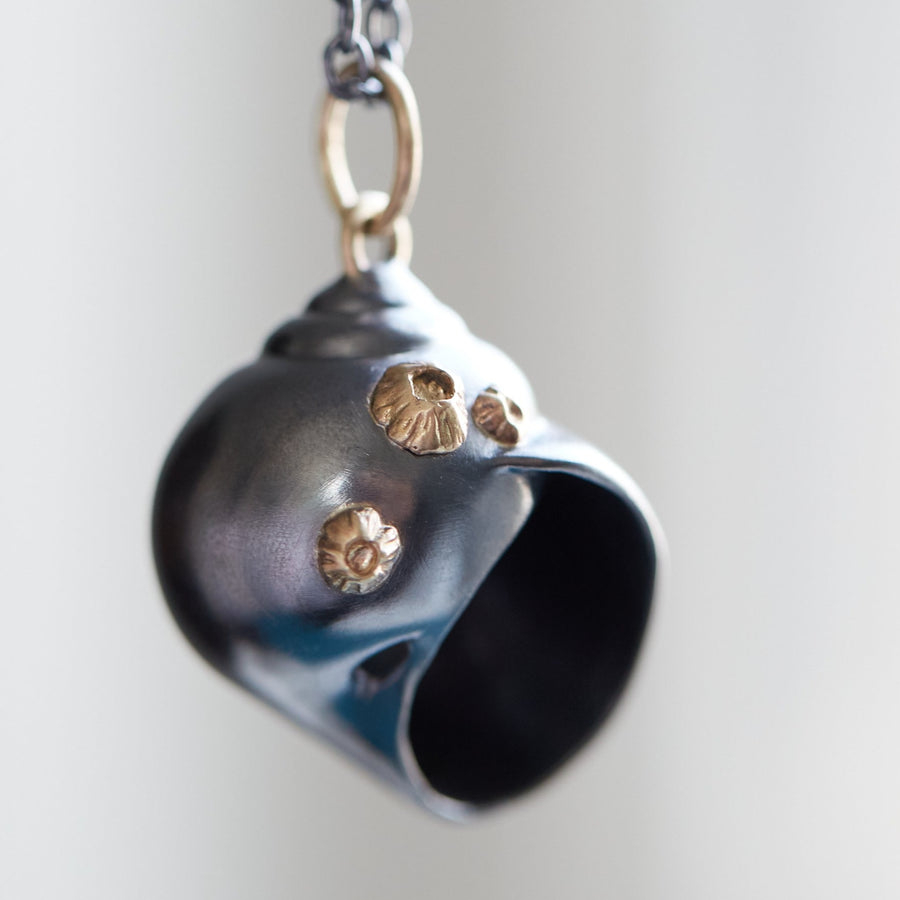 HannahBlountJewelry-Large Moon Snail Shell Necklace with Barnacles - 14k gold barnacles and silver shell