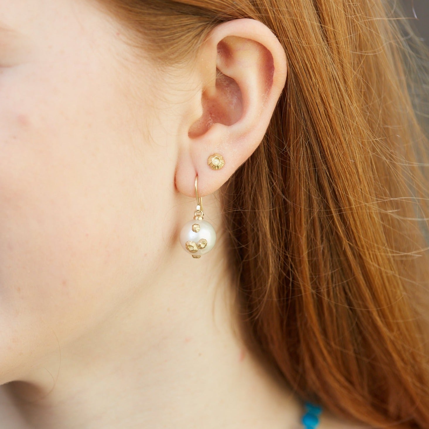 Sea Peach Pearl Ruthie B. Earrings with Barnacles