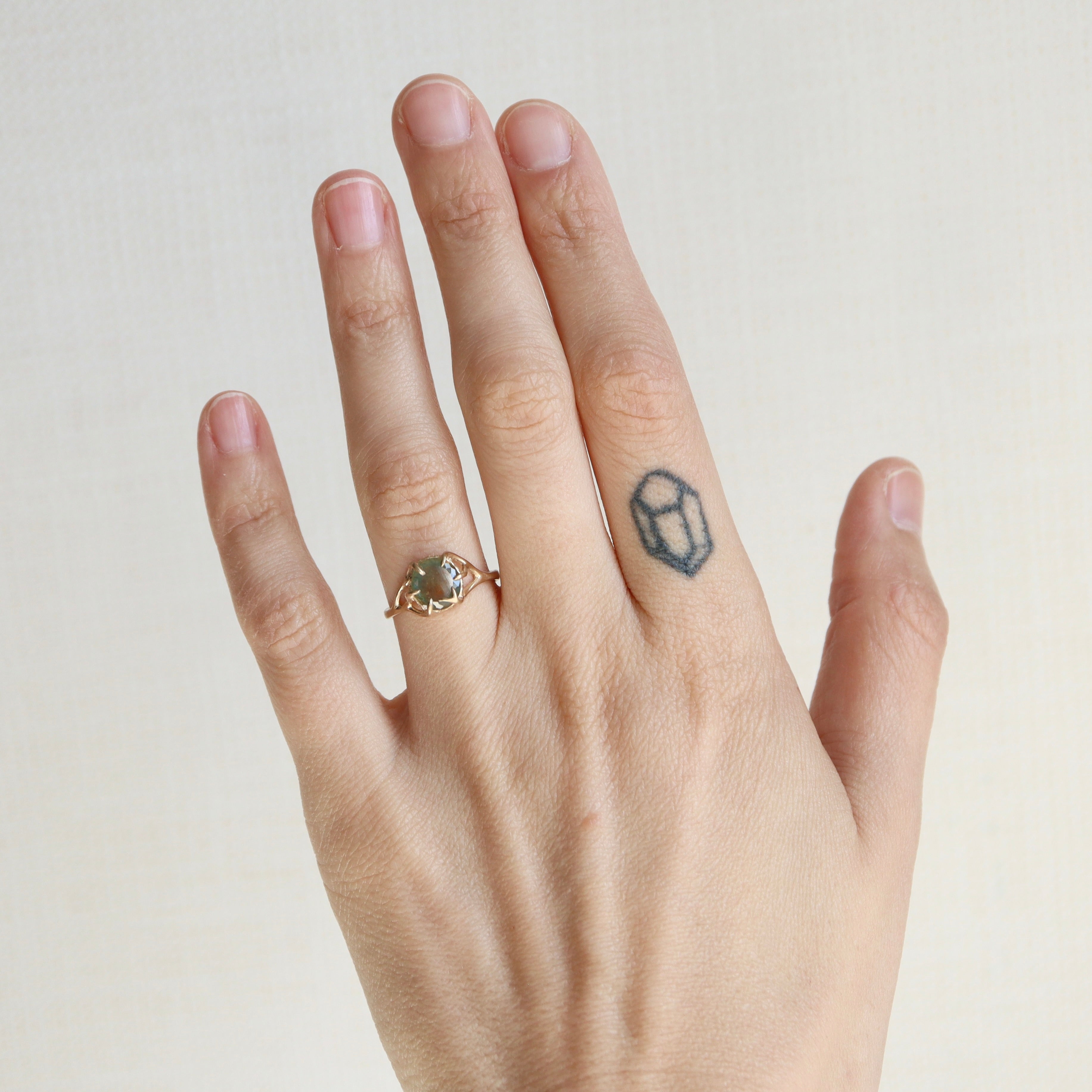 hand wearing gold gemstone ring