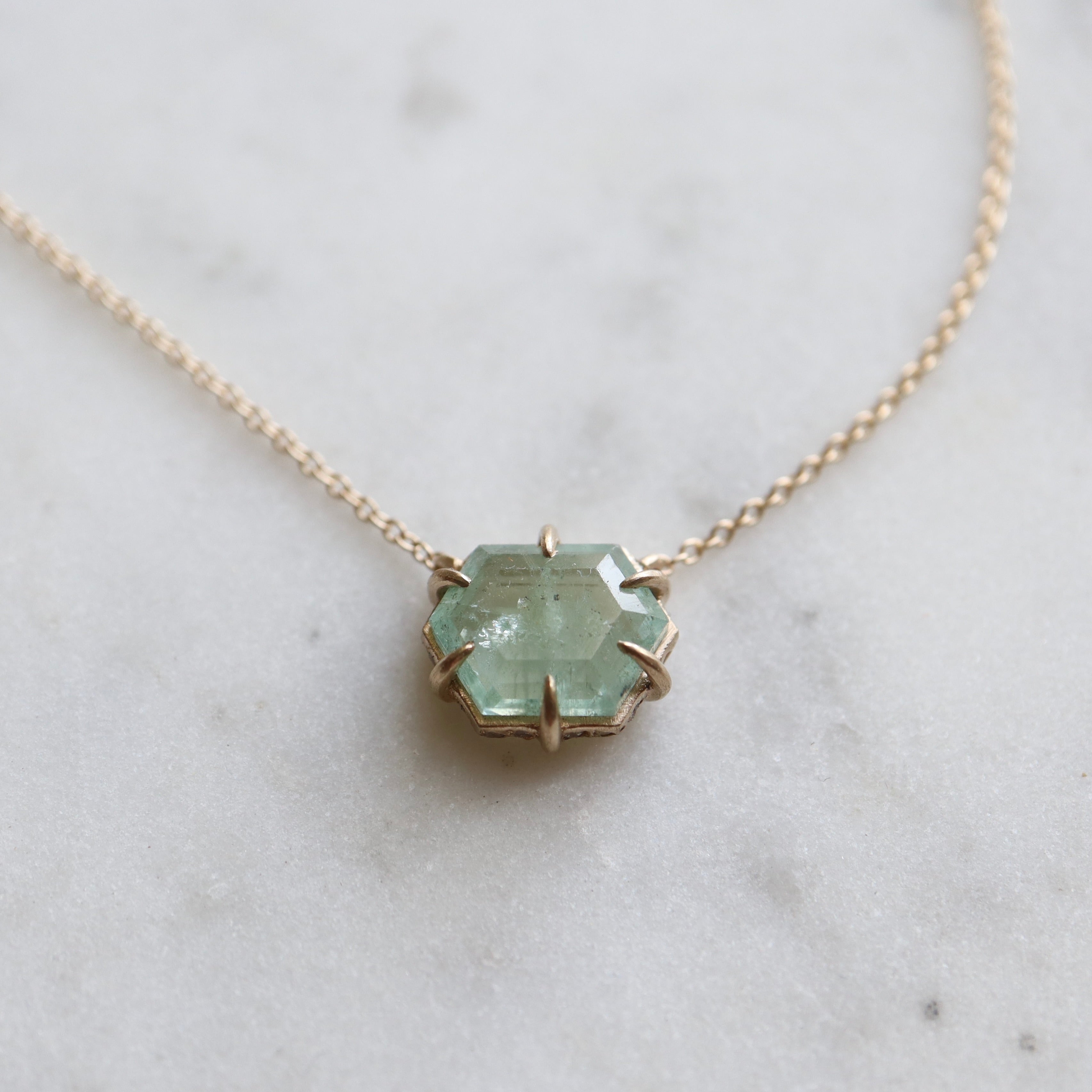 hexagon mint emerald necklace in gold