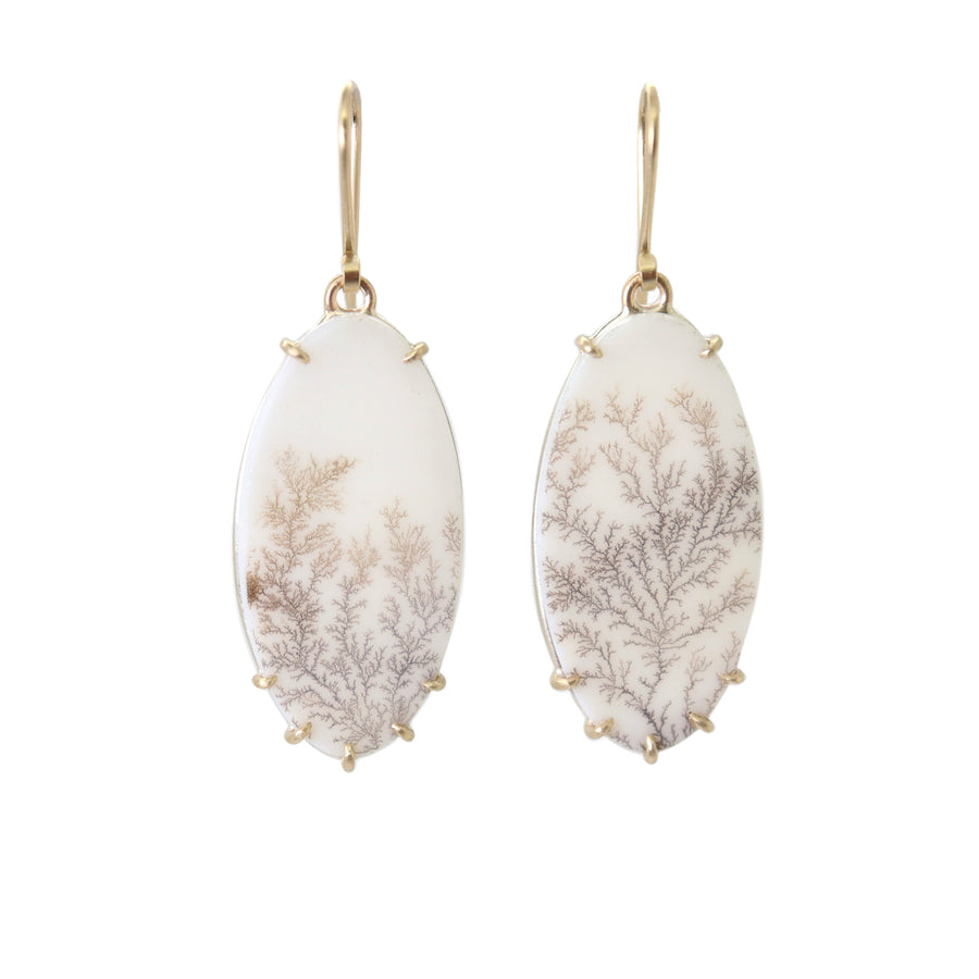 white snowy dendritic agate drop earrings with gold prongs by hannah blount