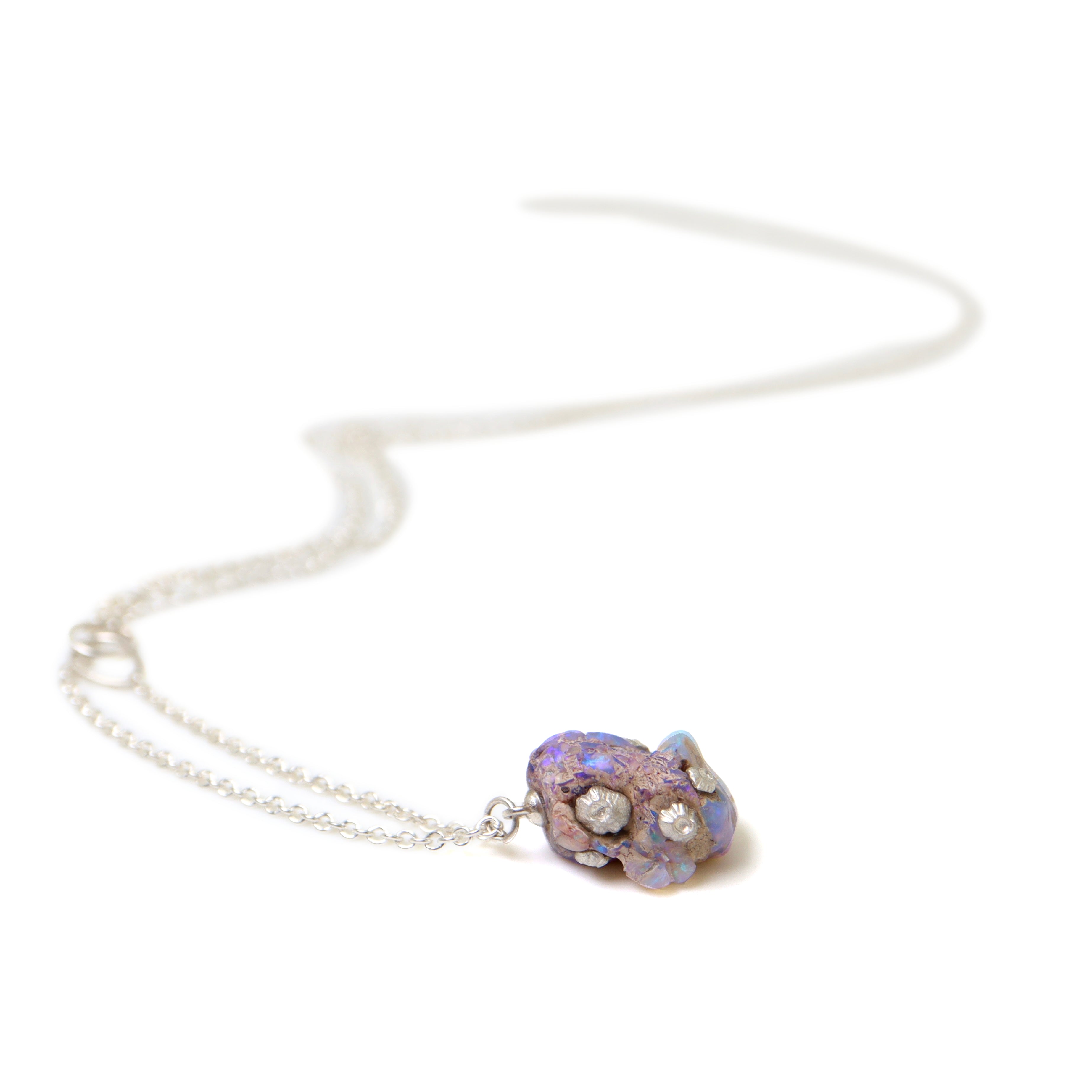 Raw opal silver necklace with barnacles by Hannah Blount