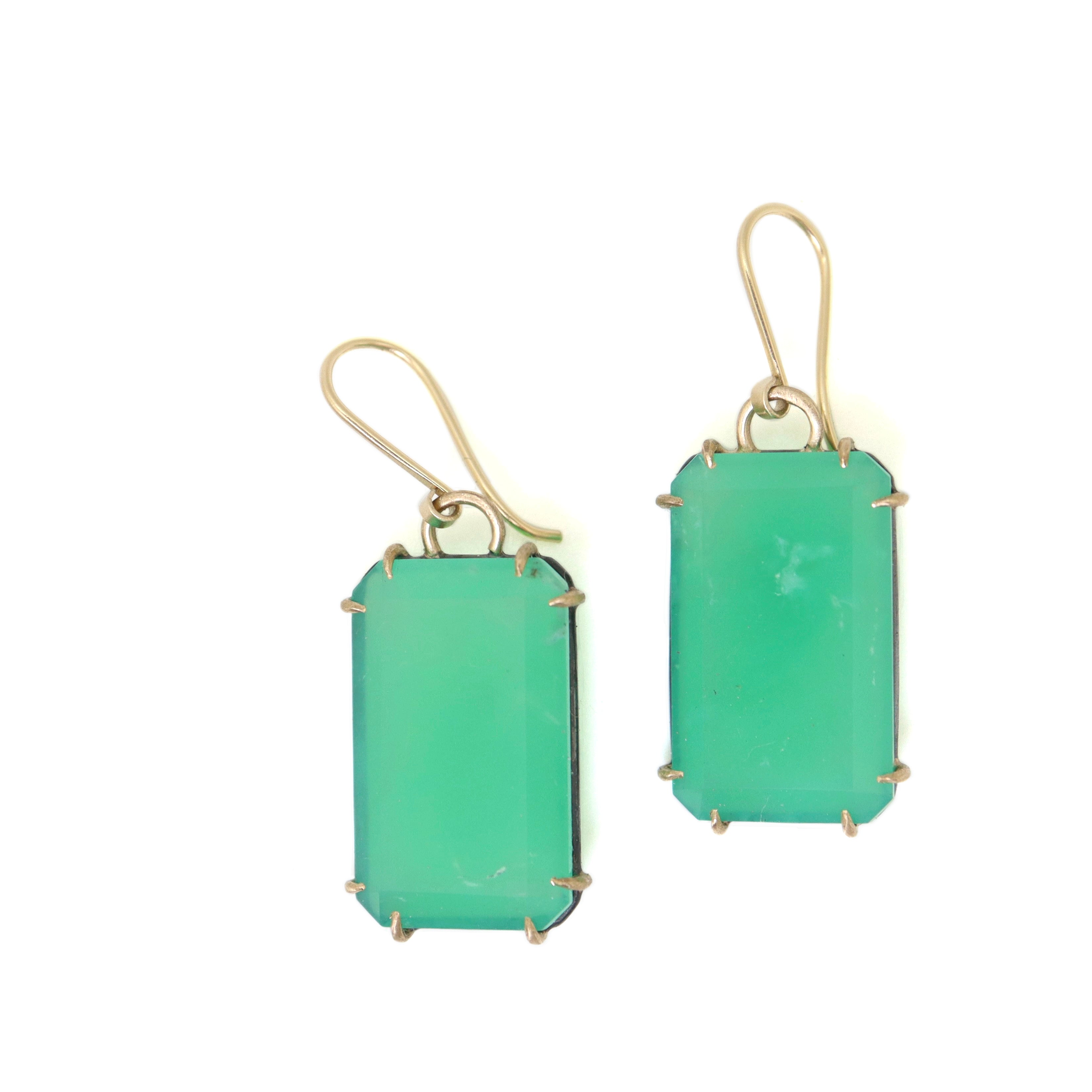 green chrysoprase earrings with gold prongs by hannah blount