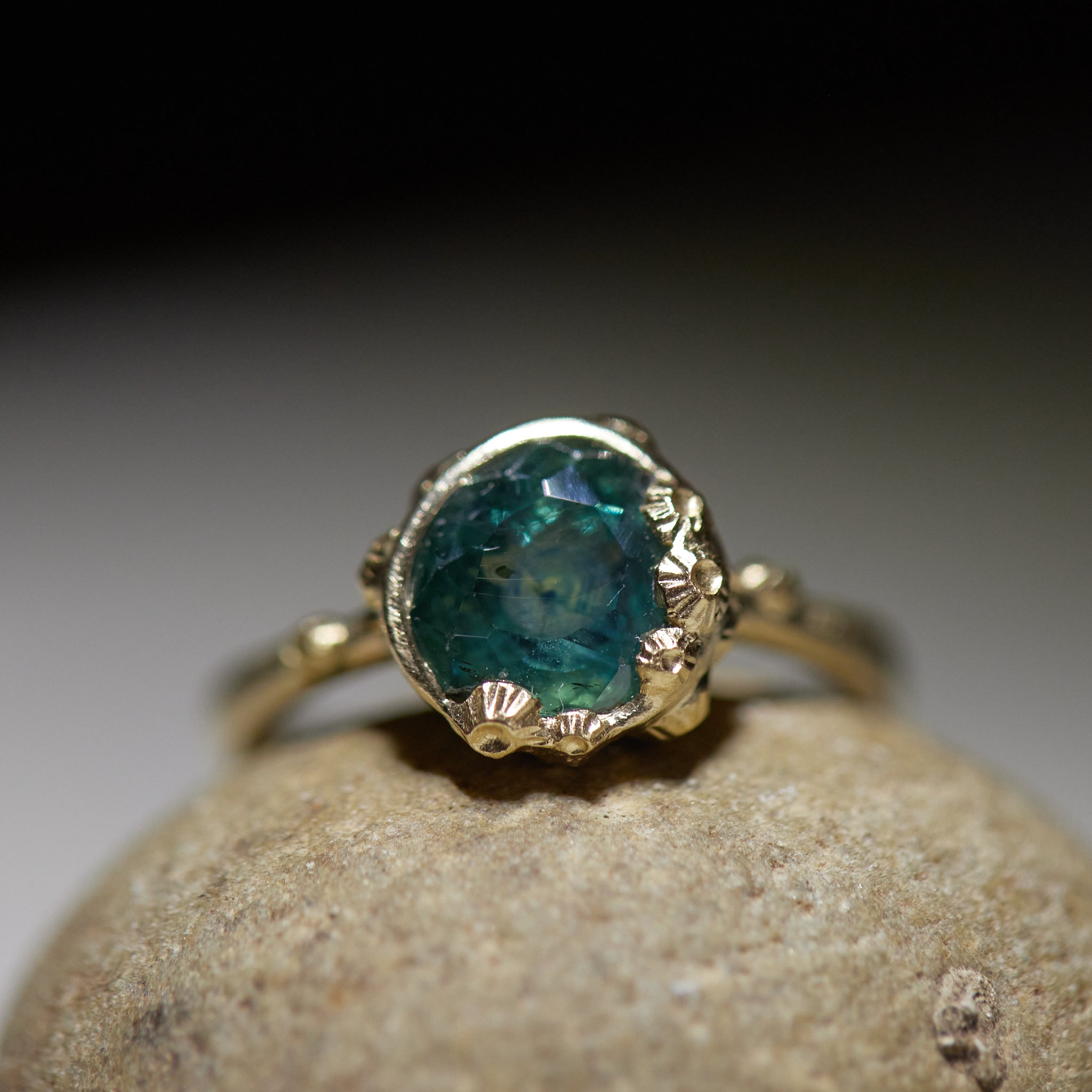a deep teal montana sapphire is set in a gold bezel of a gold ring, with barnacles coming up over the side of the bezel and onto the stone, as well as along the band. front view.