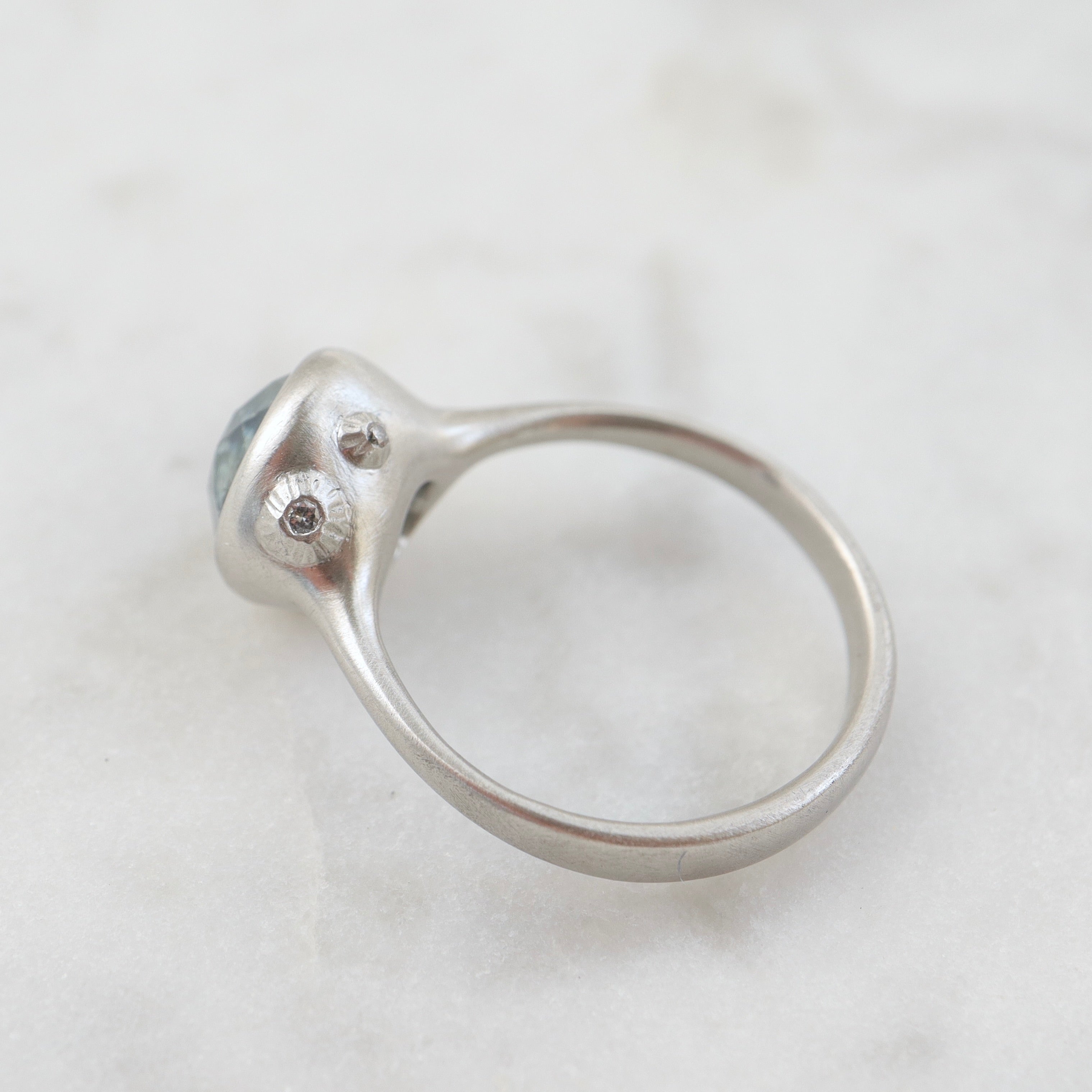 Back view of an included teal montana sapphire set in a platinum bezel and band. The ring has three tiny barnacles on the setting with diamonds within.