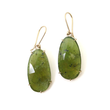 green idocrase gemstones set via gold prongs into drop earrings