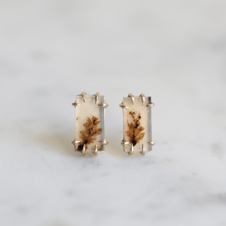 Rectangular earrings with brown speckles on a light gray background