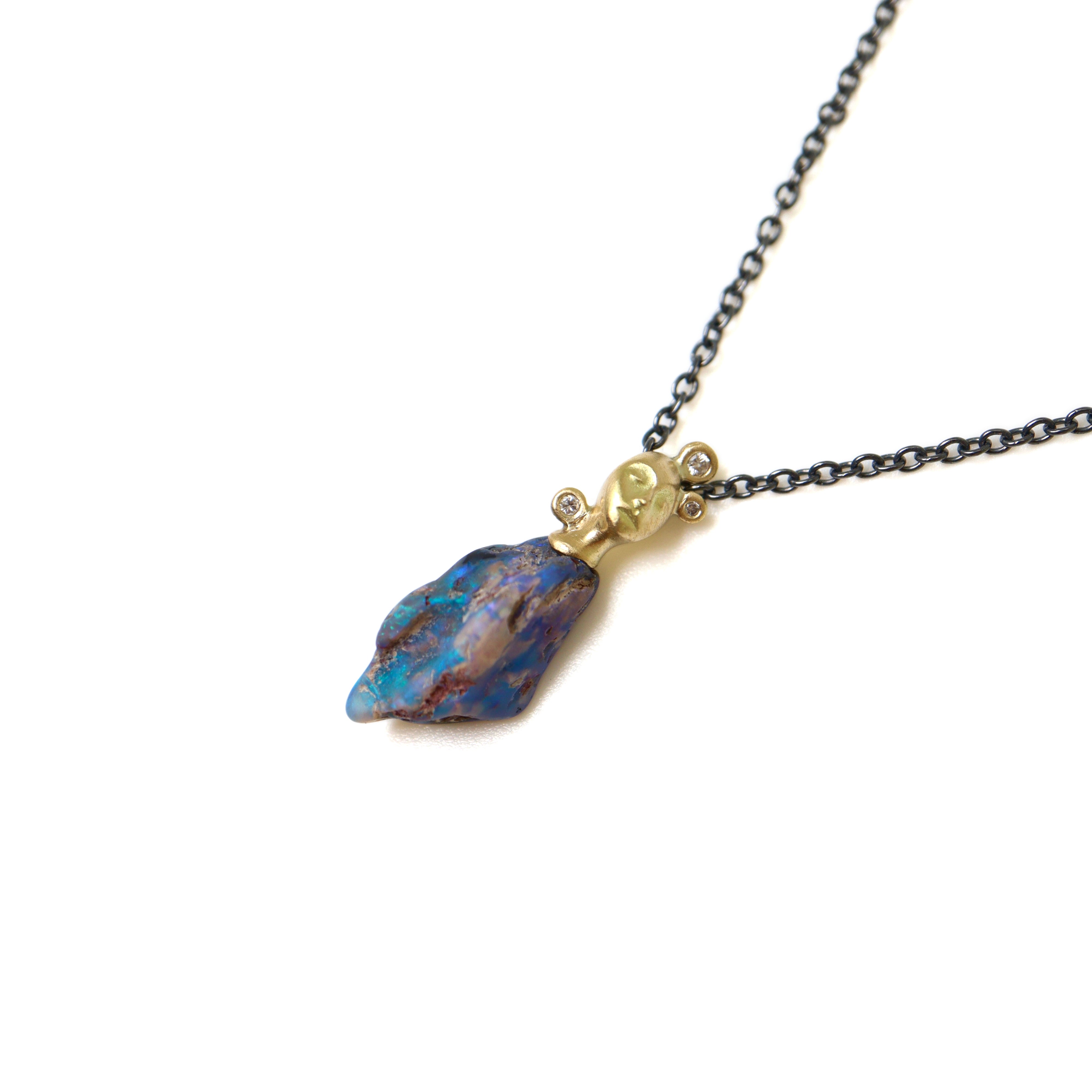 Raw opal cameo necklace with diamonds by Hannah Blount