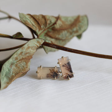 Pair of earrings with a natural design on a white surface with leaves in the background