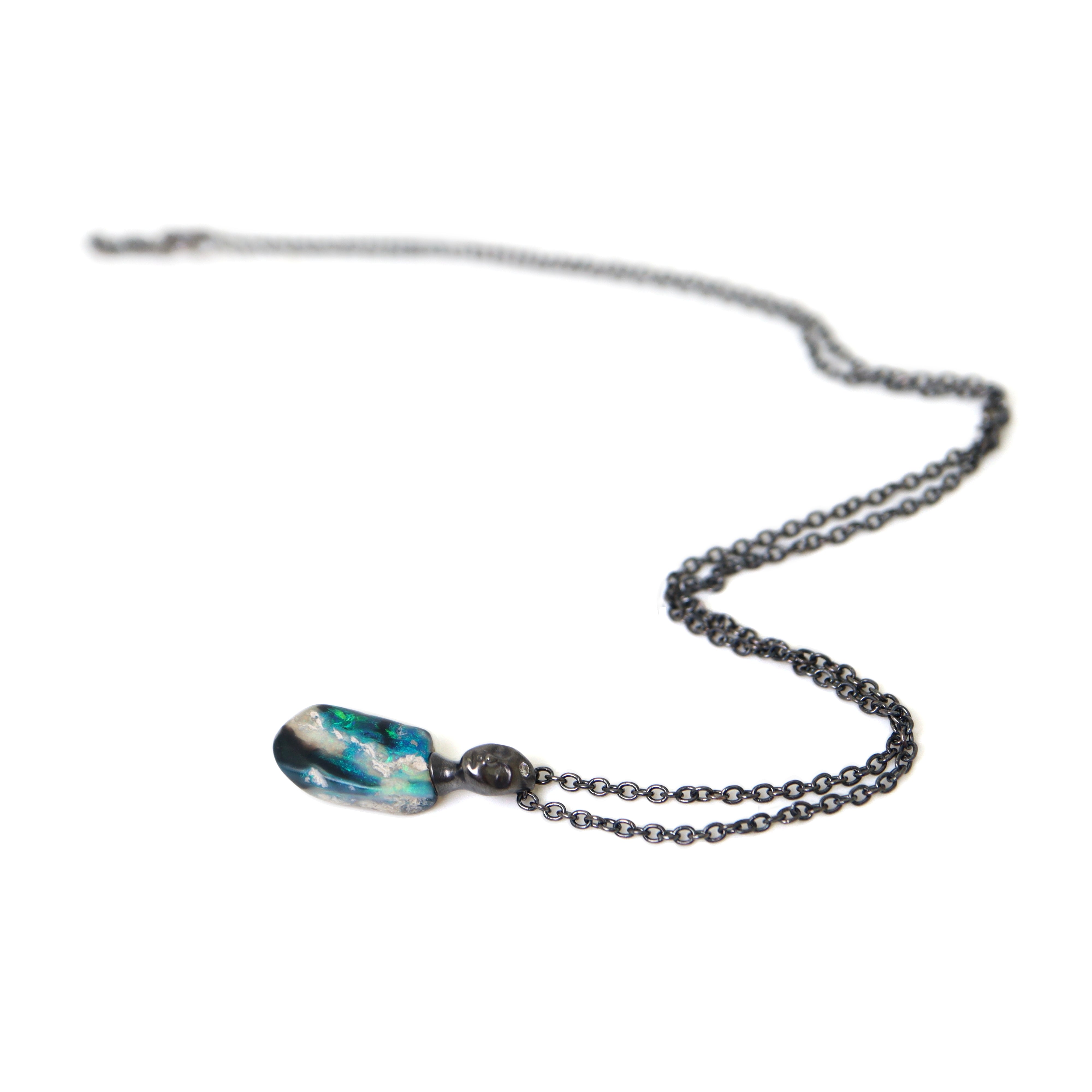 Raw Opal Oxidized Silver Cameo Necklace with Diamond by Hannah Blount