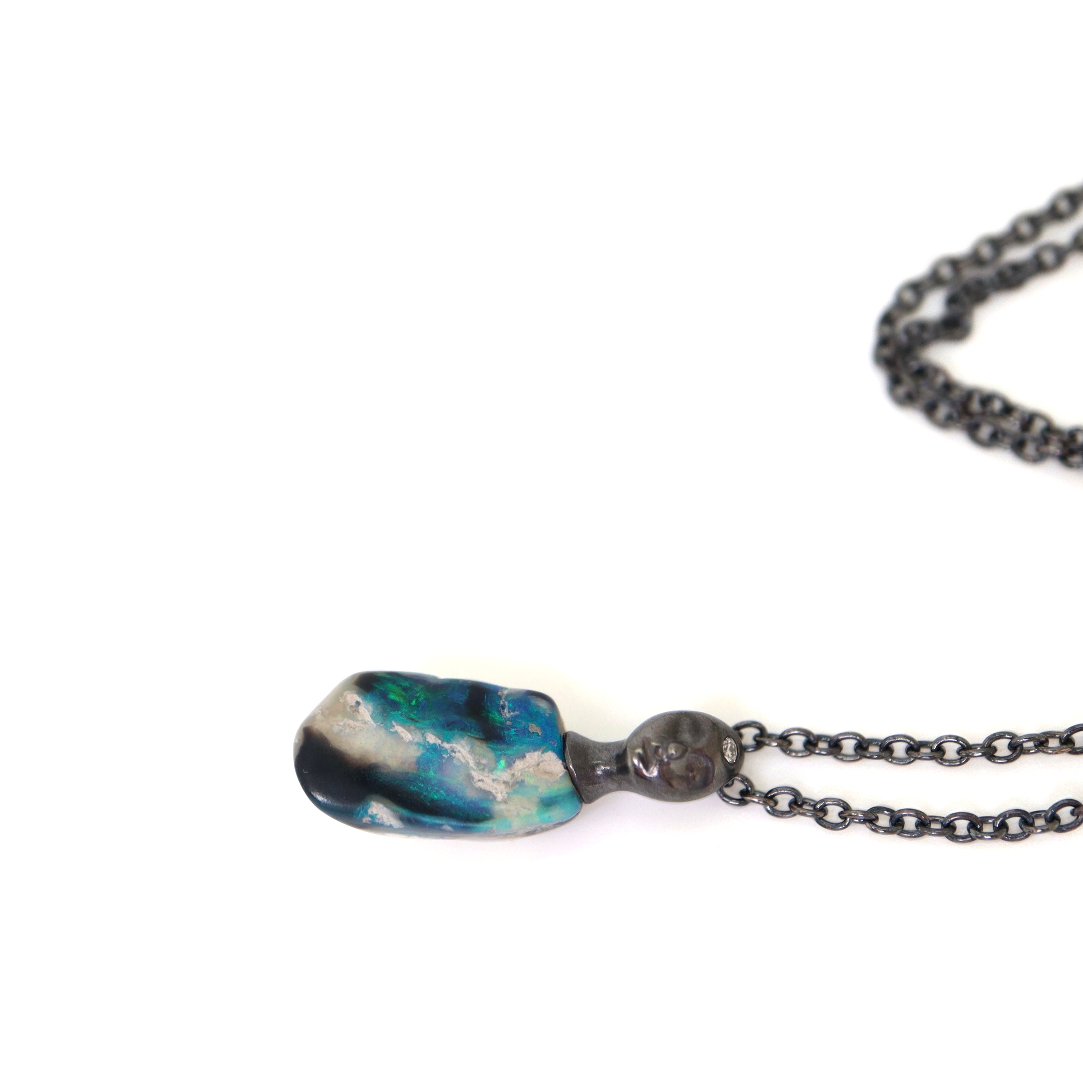 Raw Opal Oxidized Silver Cameo Necklace with Diamond by Hannah Blount