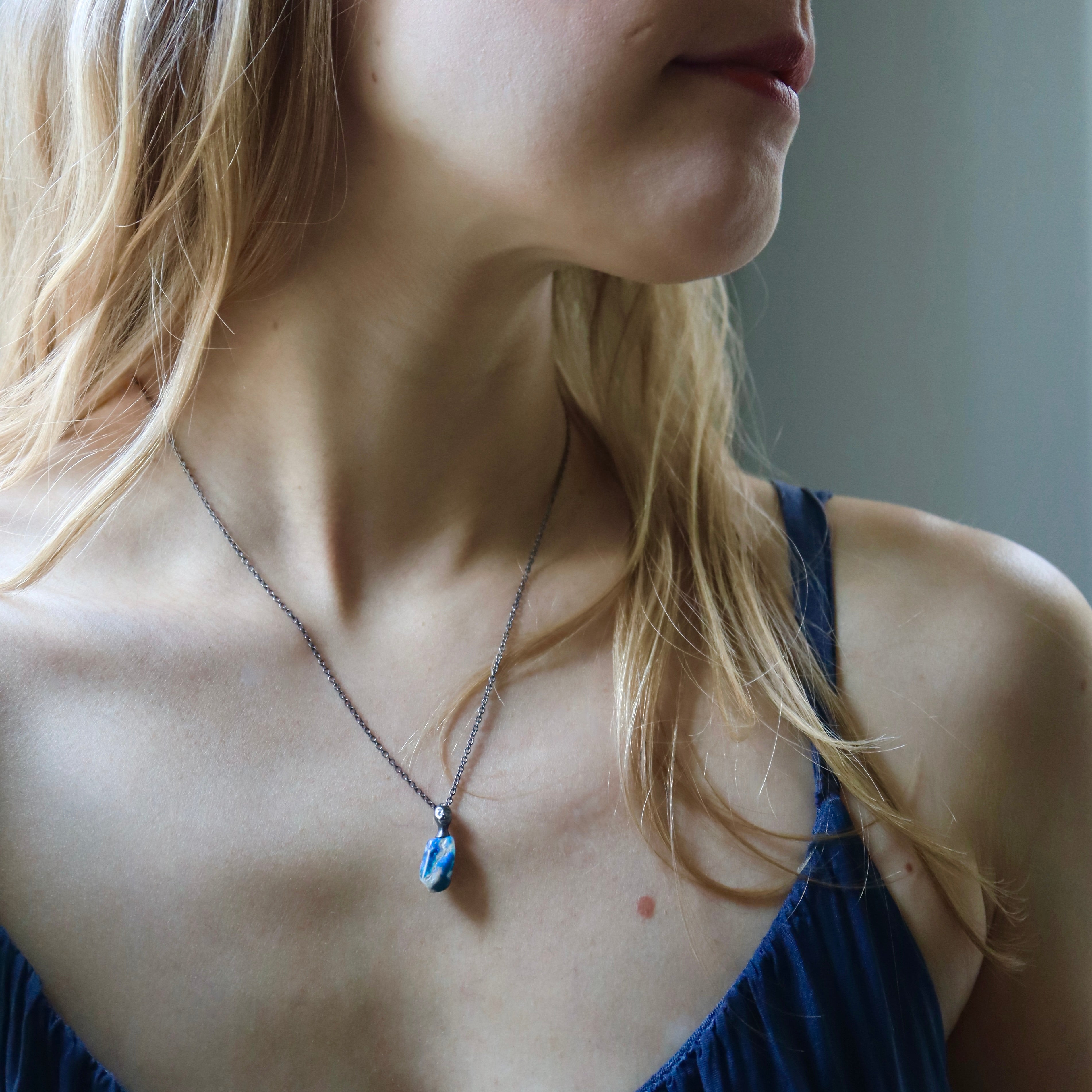 Raw Opal Oxidized Silver Cameo Necklace with Diamond by Hannah Blount