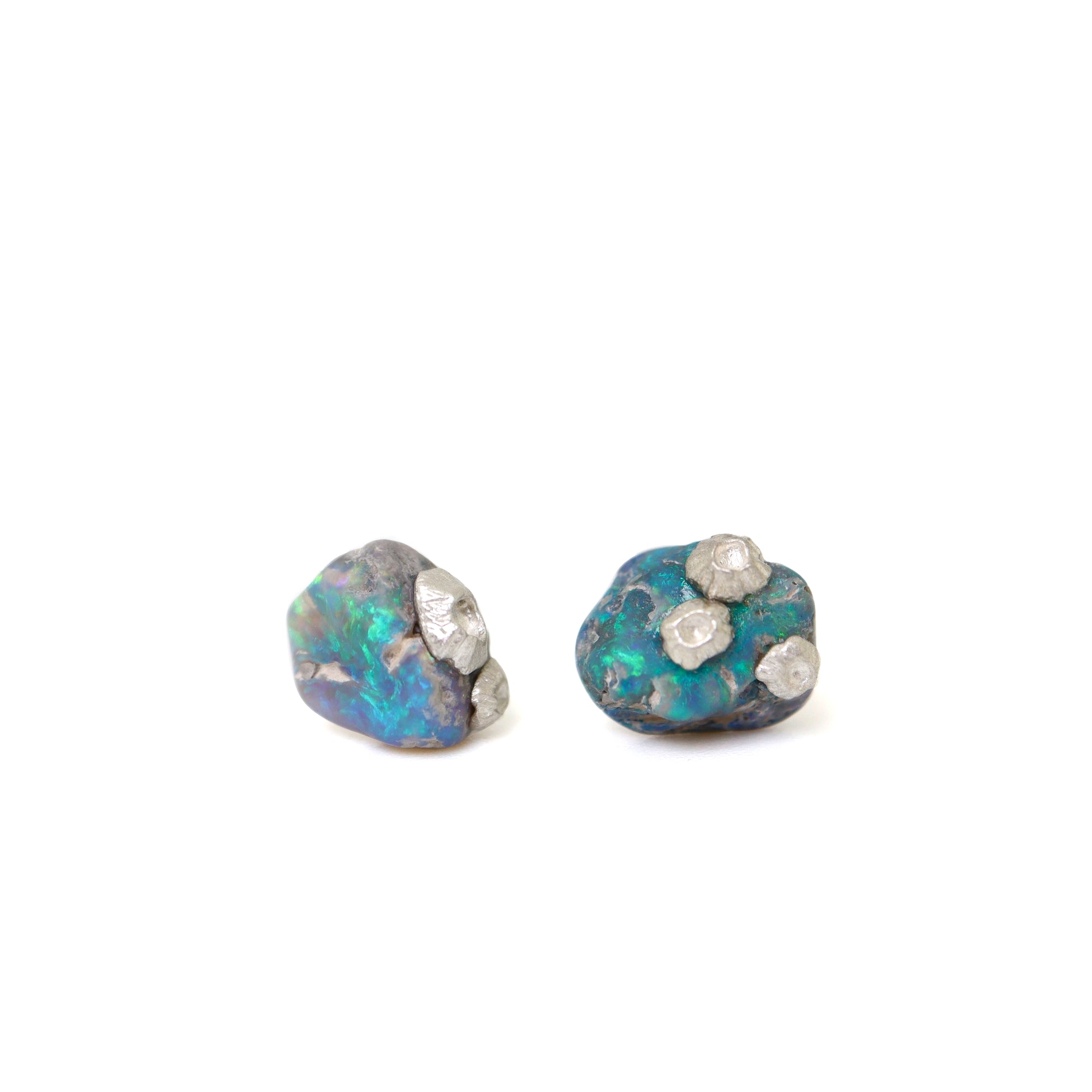 Raw opal studs with silver barnacles by Hannah Blount