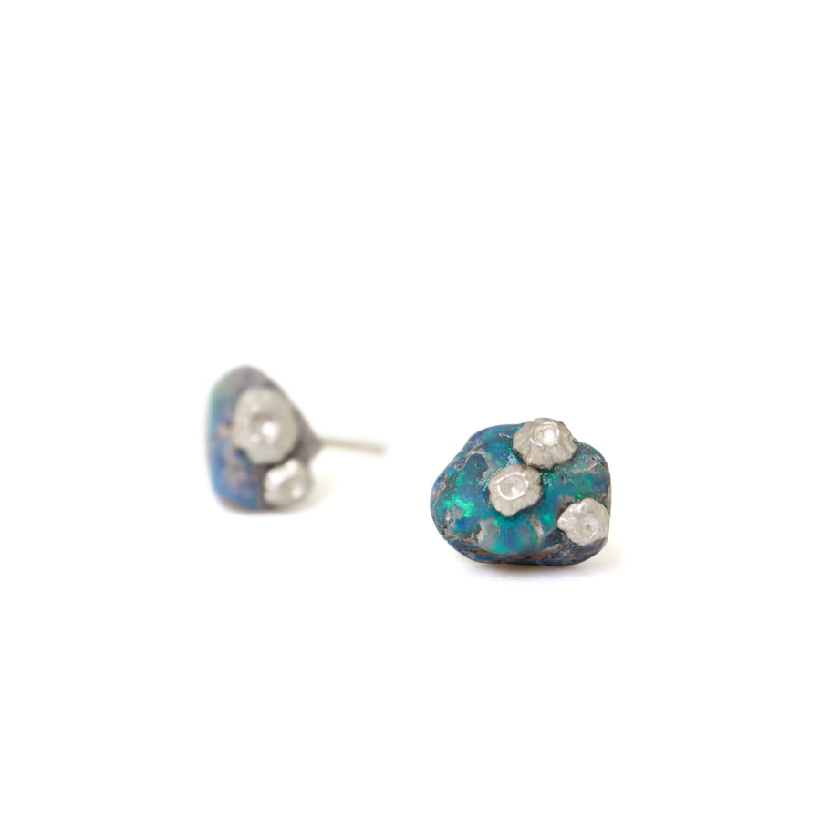 Raw opal studs with silver barnacles by Hannah Blount