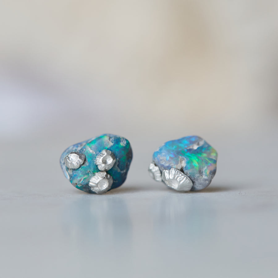 Raw opal studs with silver barnacles by Hannah Blount
