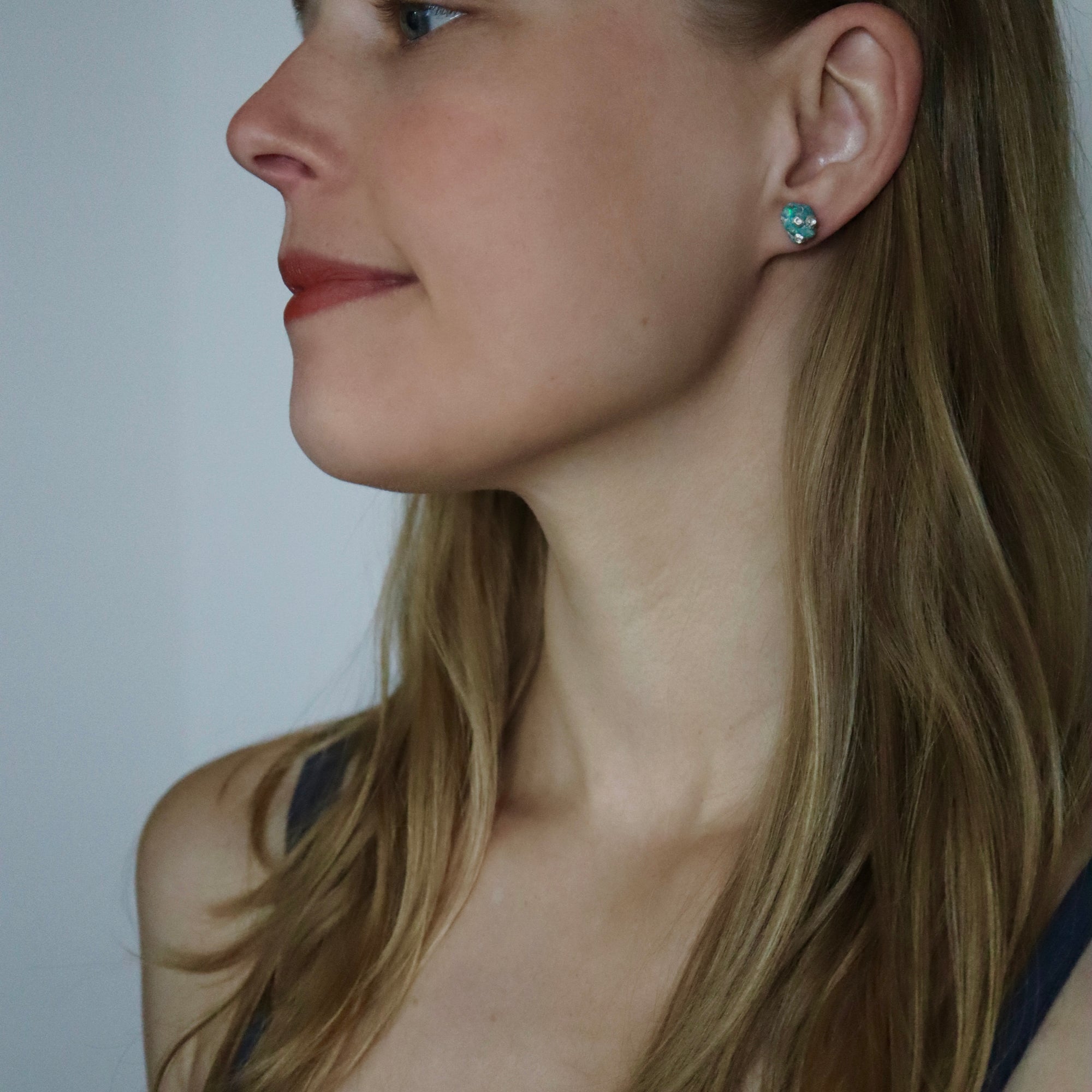 Raw opal studs with silver barnacles by Hannah Blount