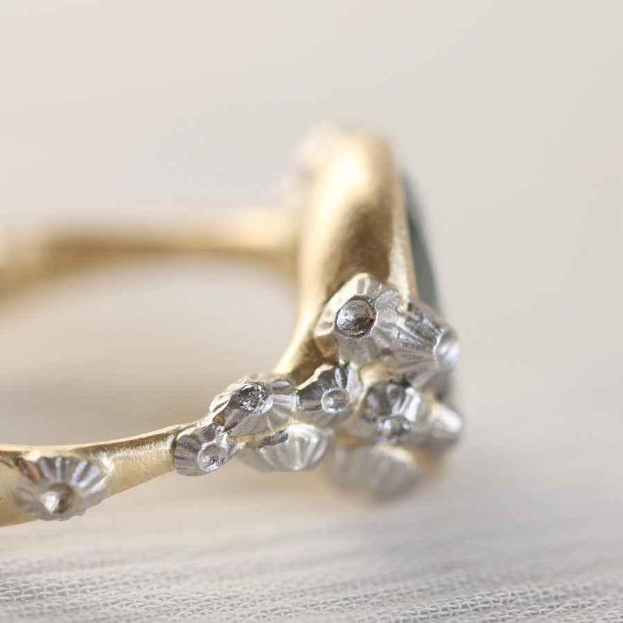 barnacle detail of a ring with a green gemstone and barnacles on a light background