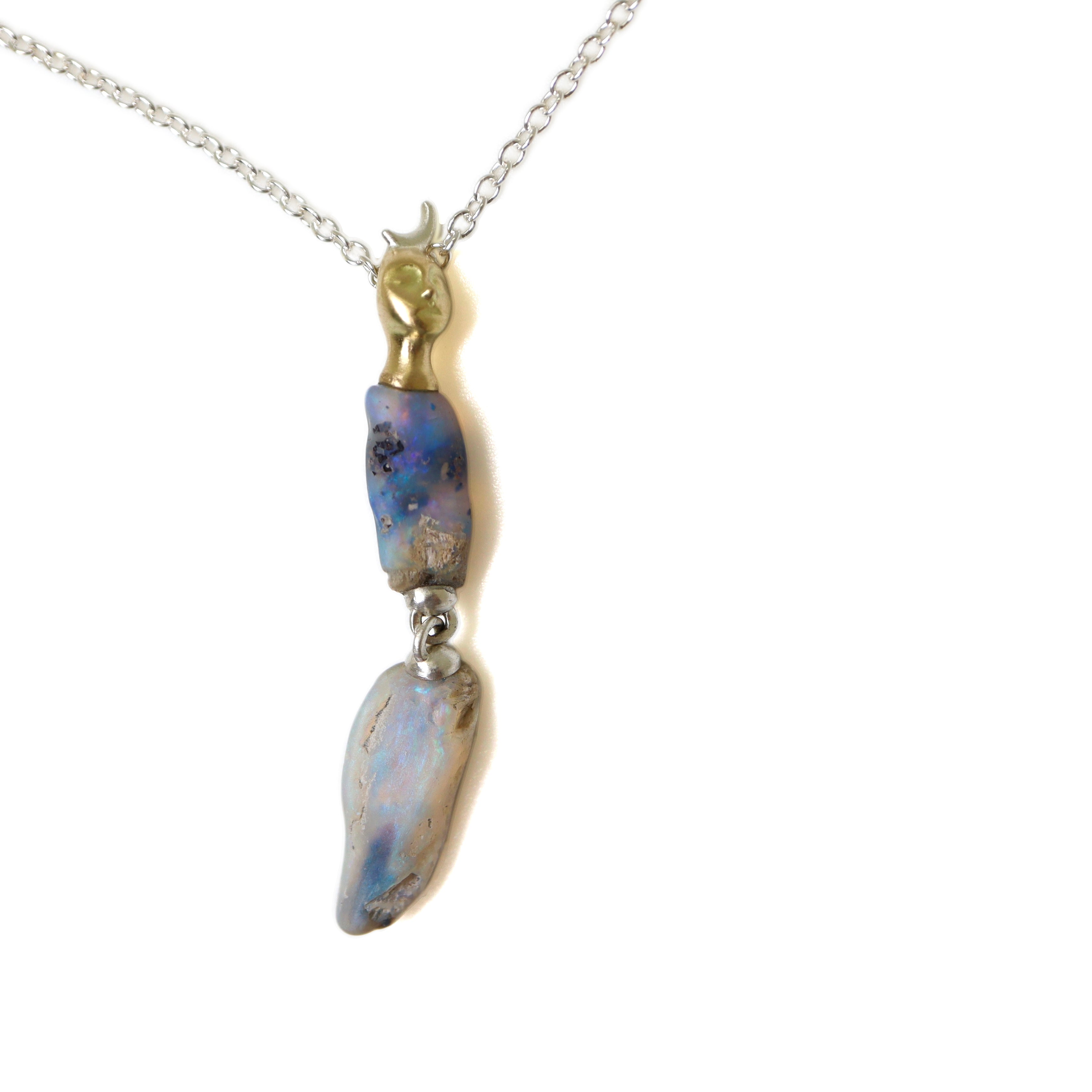 Double raw opal cameo necklace with crescent moon by Hannah Blount