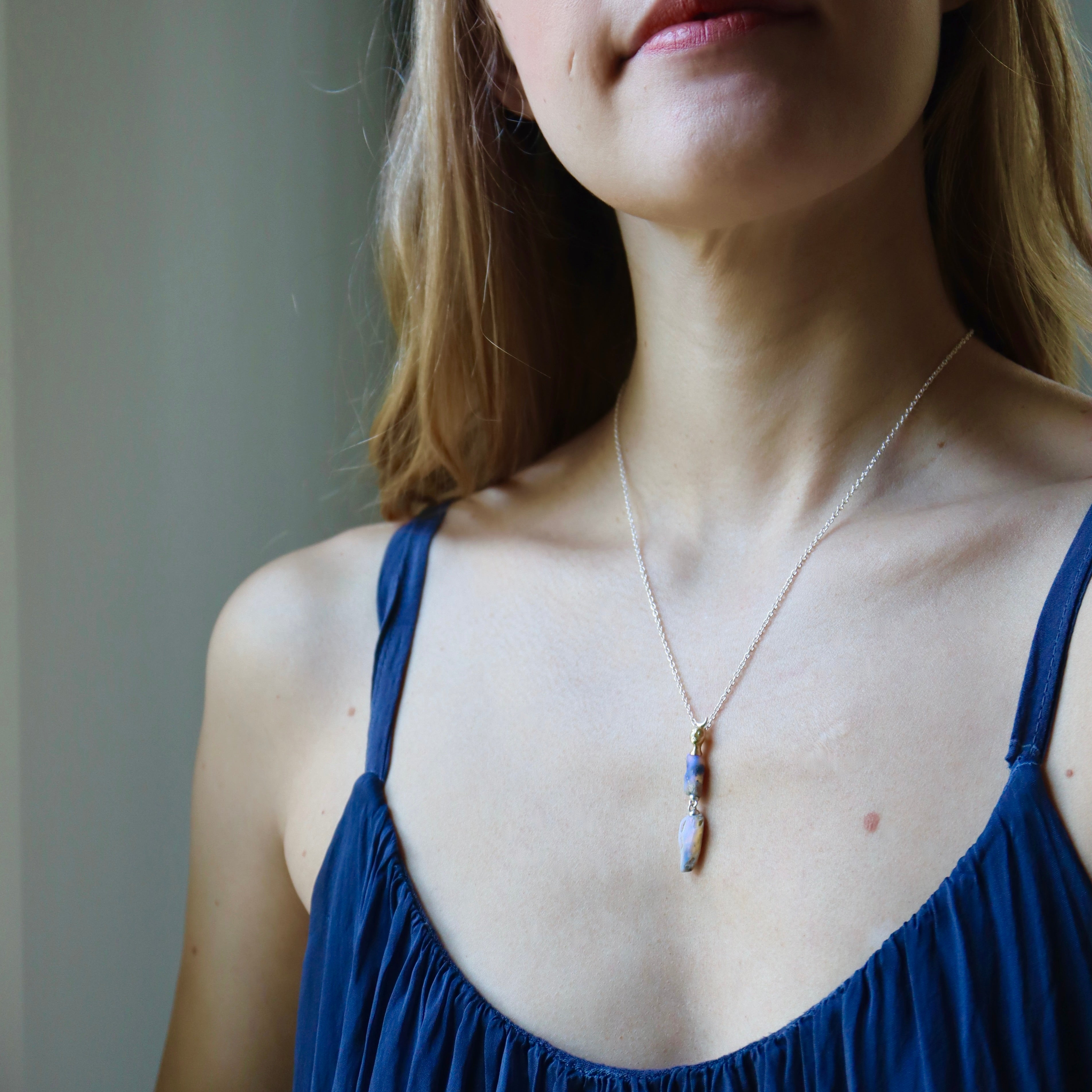 Double raw opal cameo necklace with crescent moon by Hannah Blount