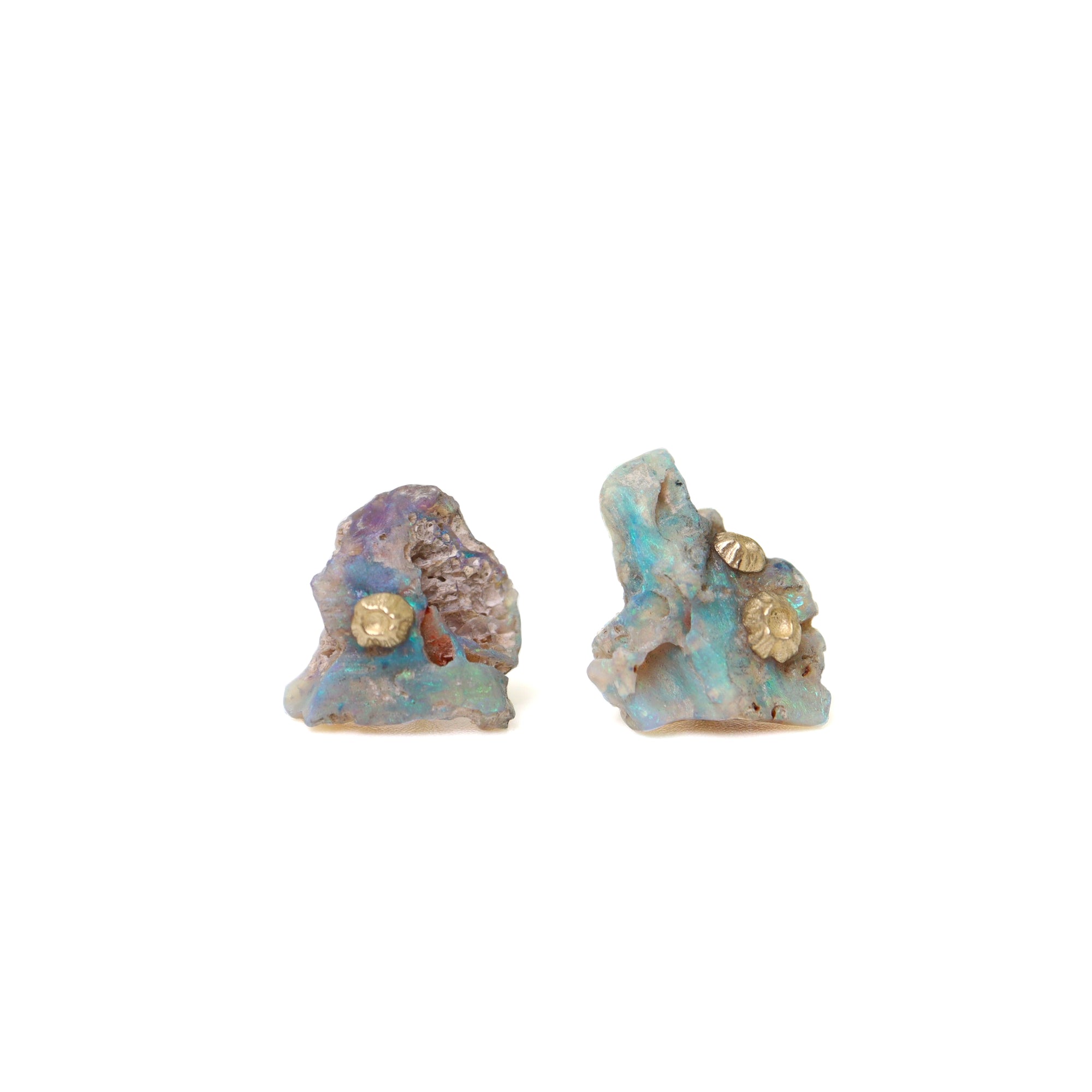 Raw opal studs with gold barnacles by Hannah Blount