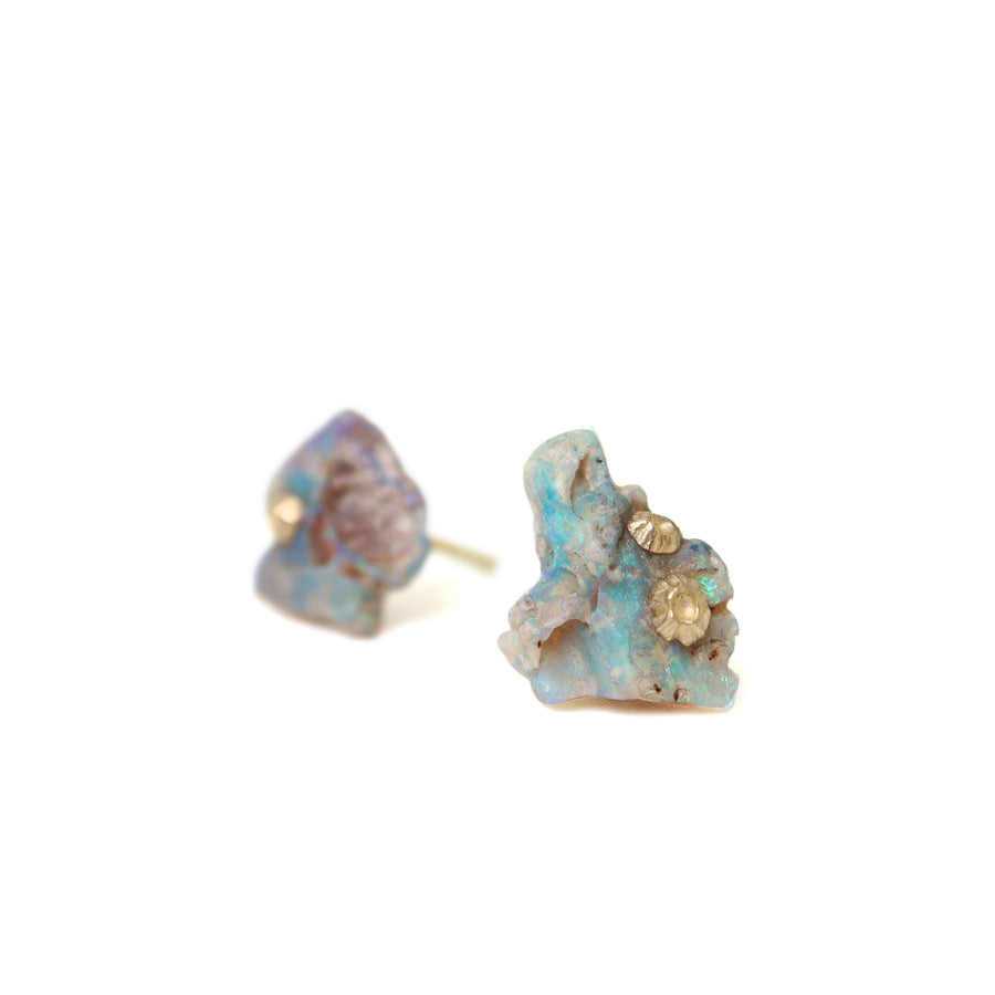 Raw opal studs with gold barnacles by Hannah Blount