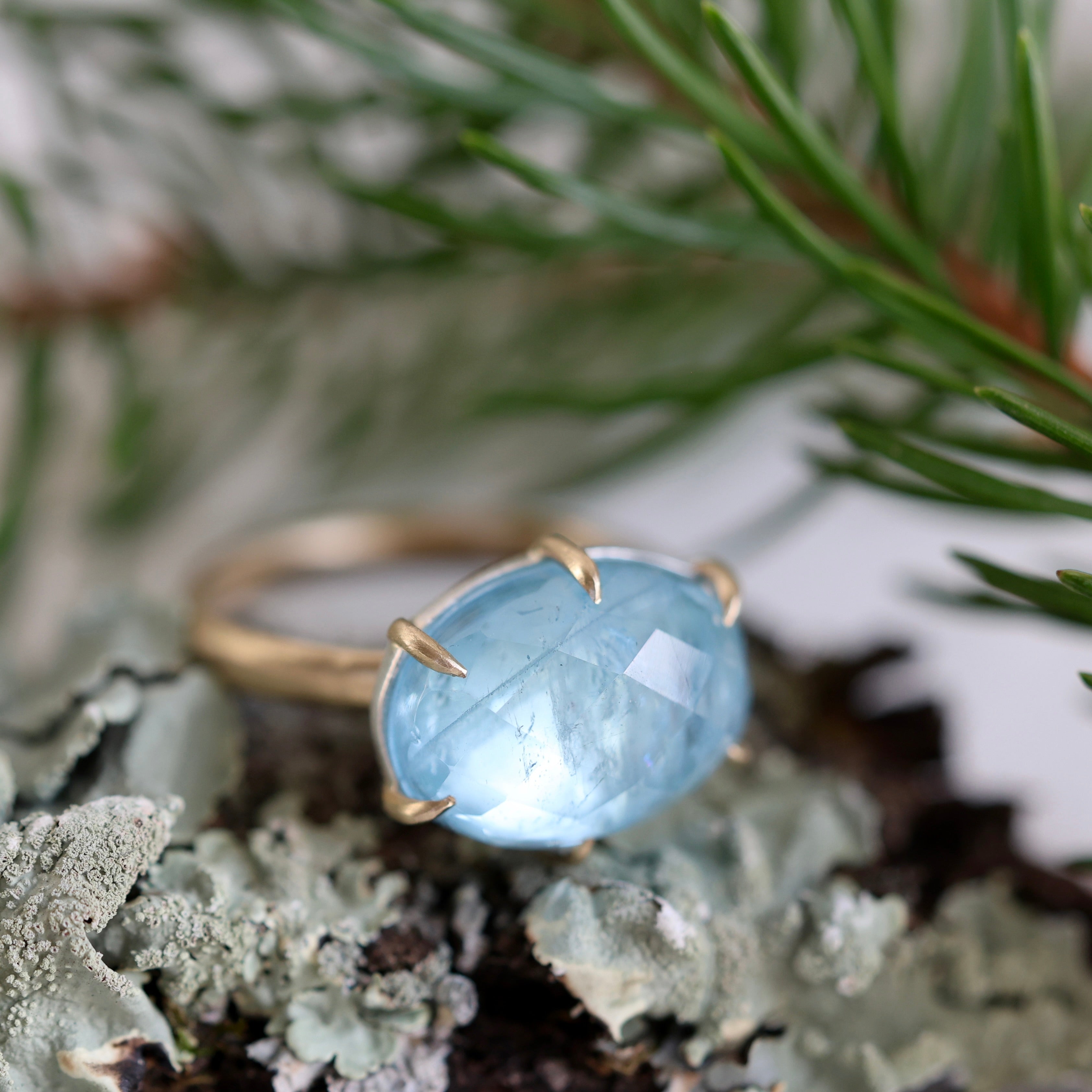 Gold ring with a blue gemstone on a natural background of lichen and pine needles.