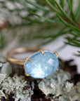 Gold ring with a blue gemstone on a natural background of lichen and pine needles.