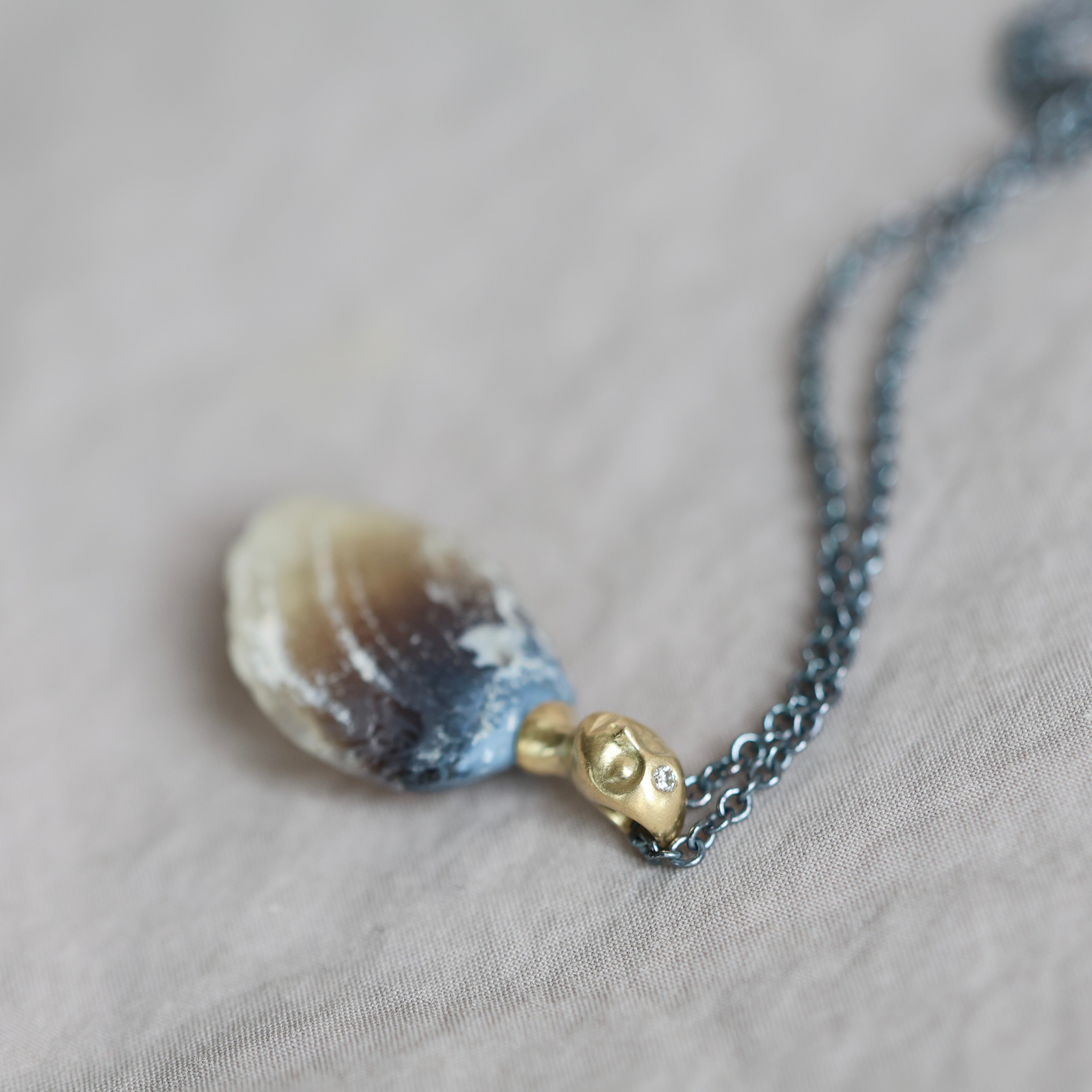 Necklace with a clambshell fossil pendant on a textured fabric background