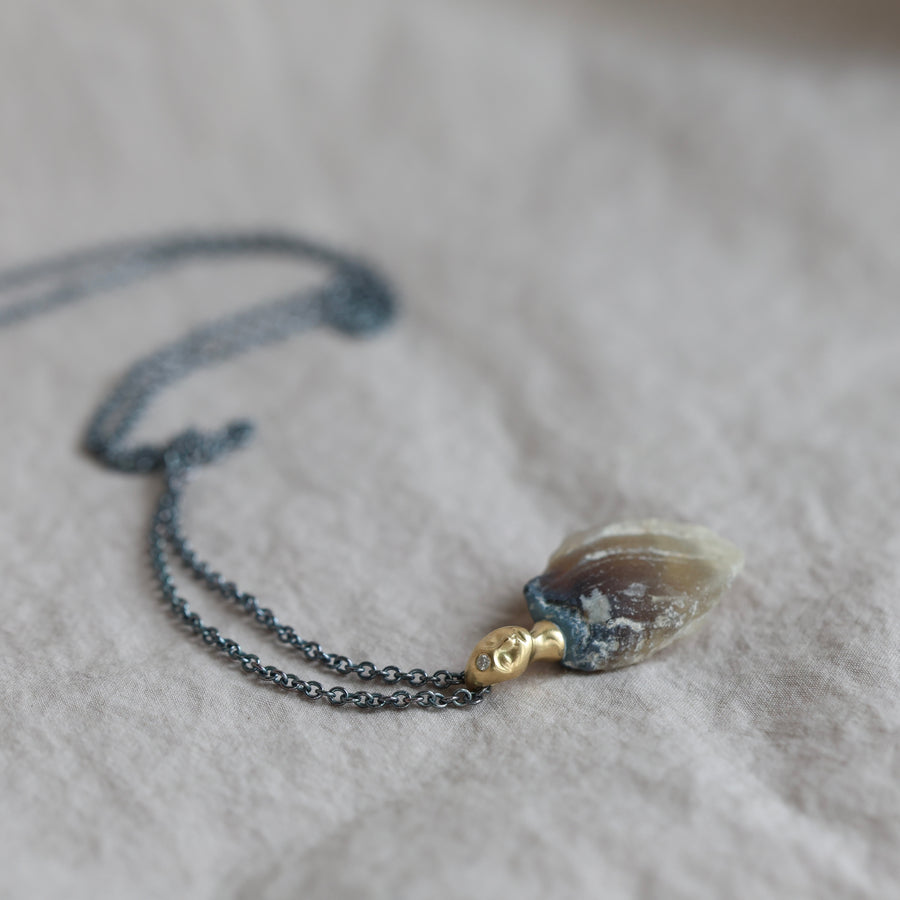 Necklace with a clambshell fossil pendant on a textured fabric background