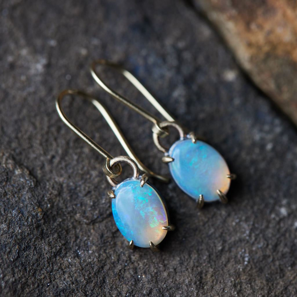 Coober Pedy opal dangle earrings in gold by Hannah Blount
