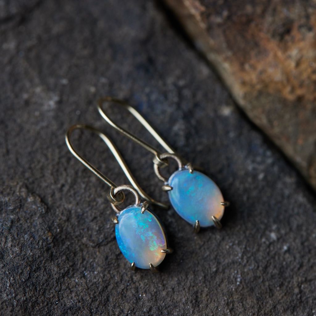 Coober Pedy opal dangle earrings in gold by Hannah Blount