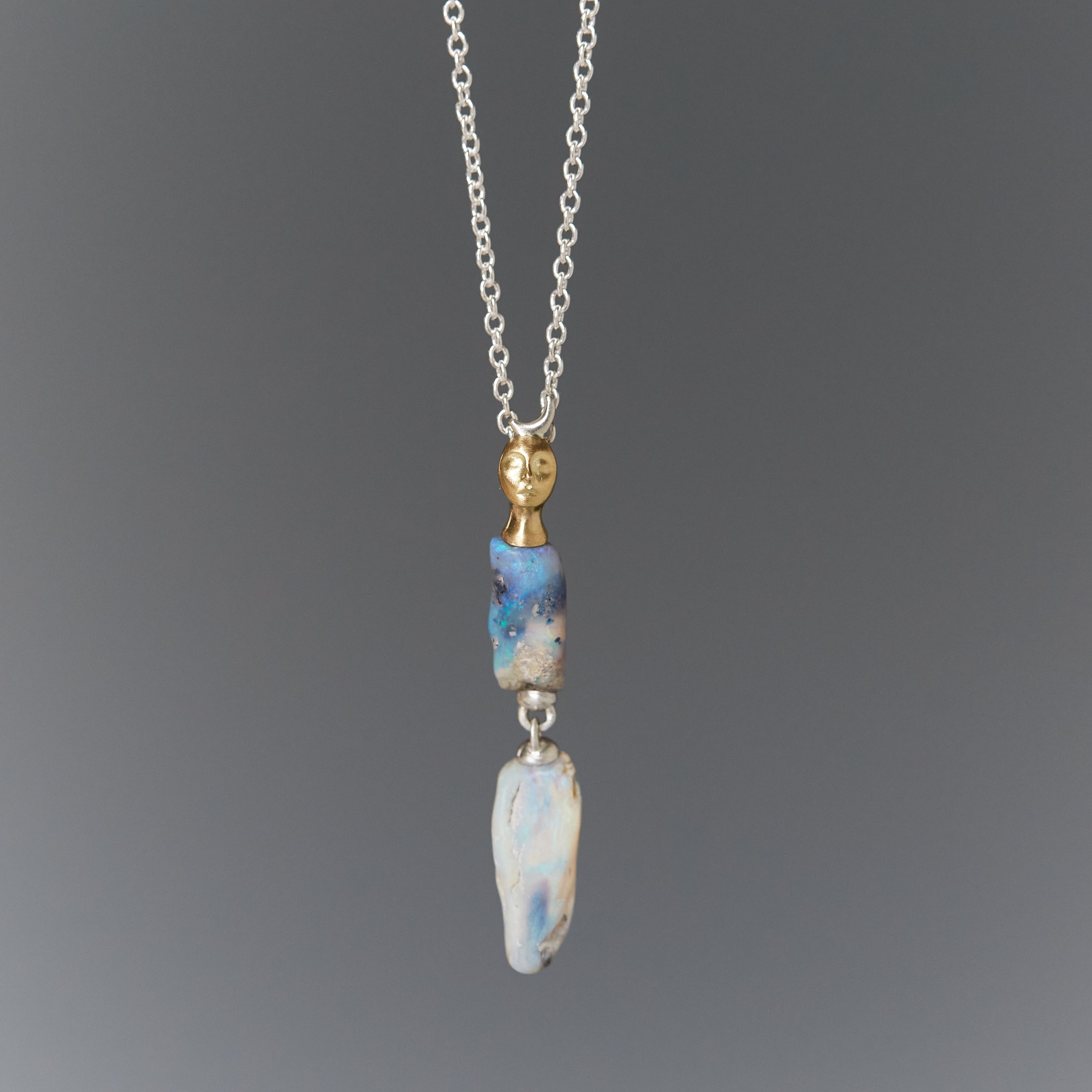 Double raw opal cameo necklace with crescent moon by Hannah Blount