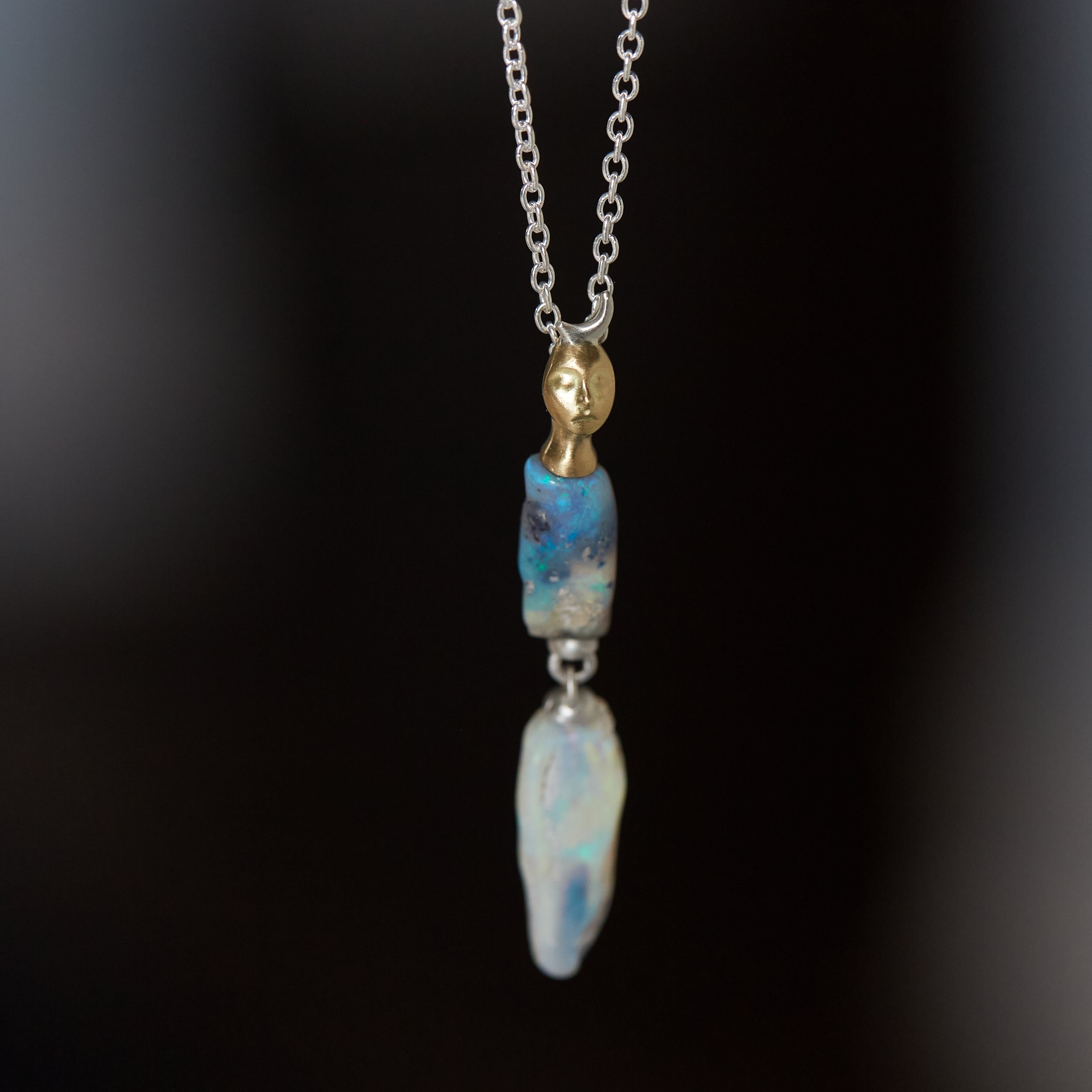 Double raw opal cameo necklace with crescent moon by Hannah Blount