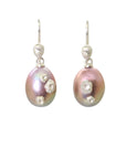 lavender pink pearl earrings with silver barnacles and silver cameo ear wires with faces, by hannah blount