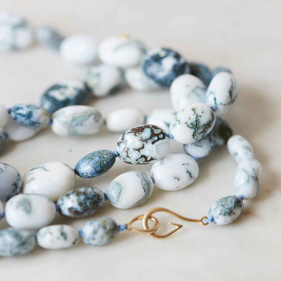 Opal double-strand necklace with periwinkle-hued silk and gold clasp by Hannah Blount