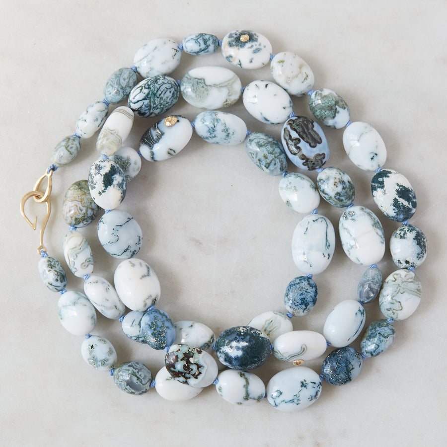 Opal double-strand necklace with periwinkle-hued silk and gold clasp by Hannah Blount