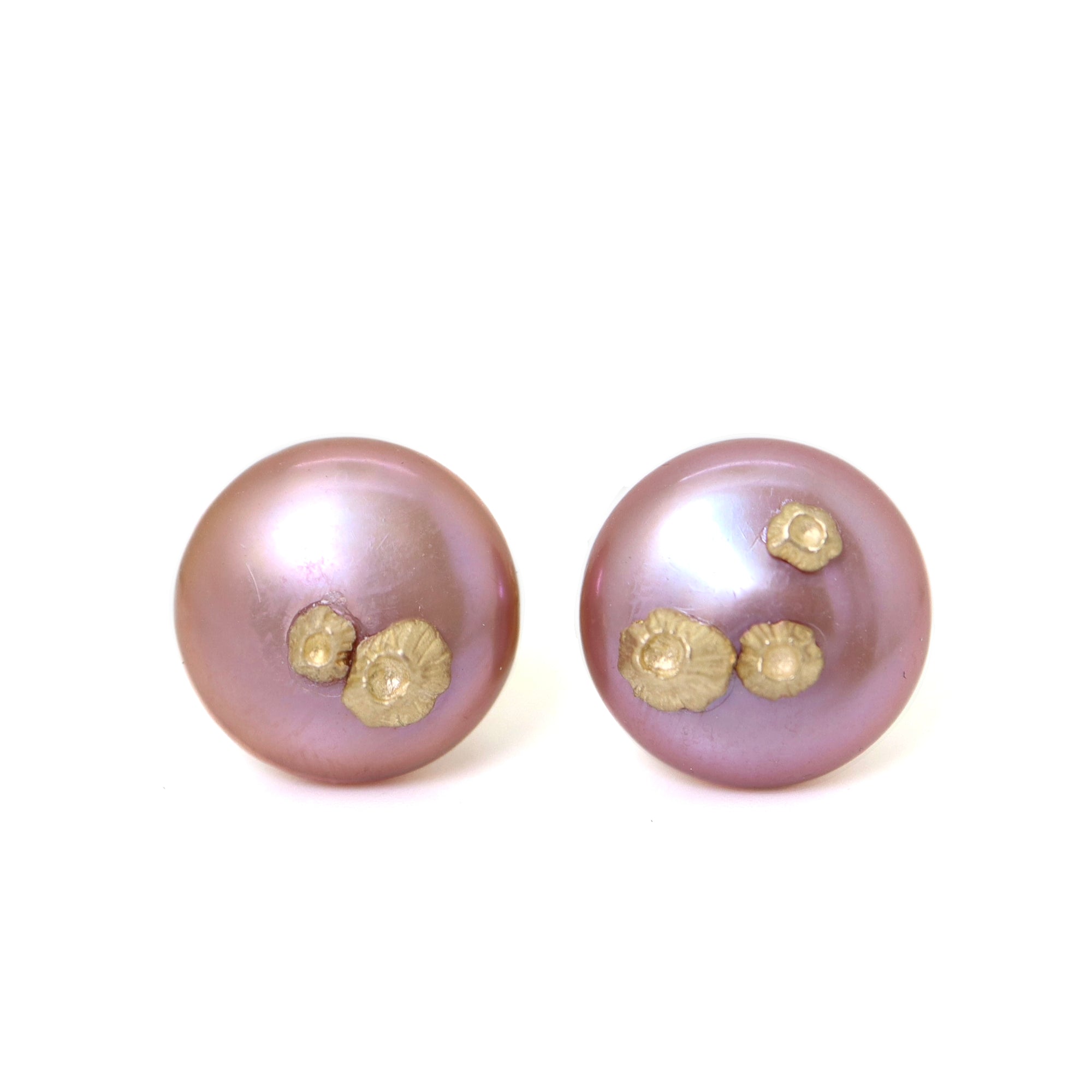 large pink button pearl studs with five gold barnacles by hannah blount