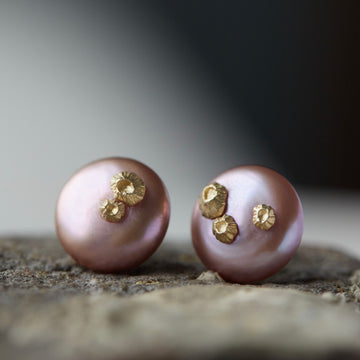 large pink button pearl studs with five gold barnacles by hannah blount