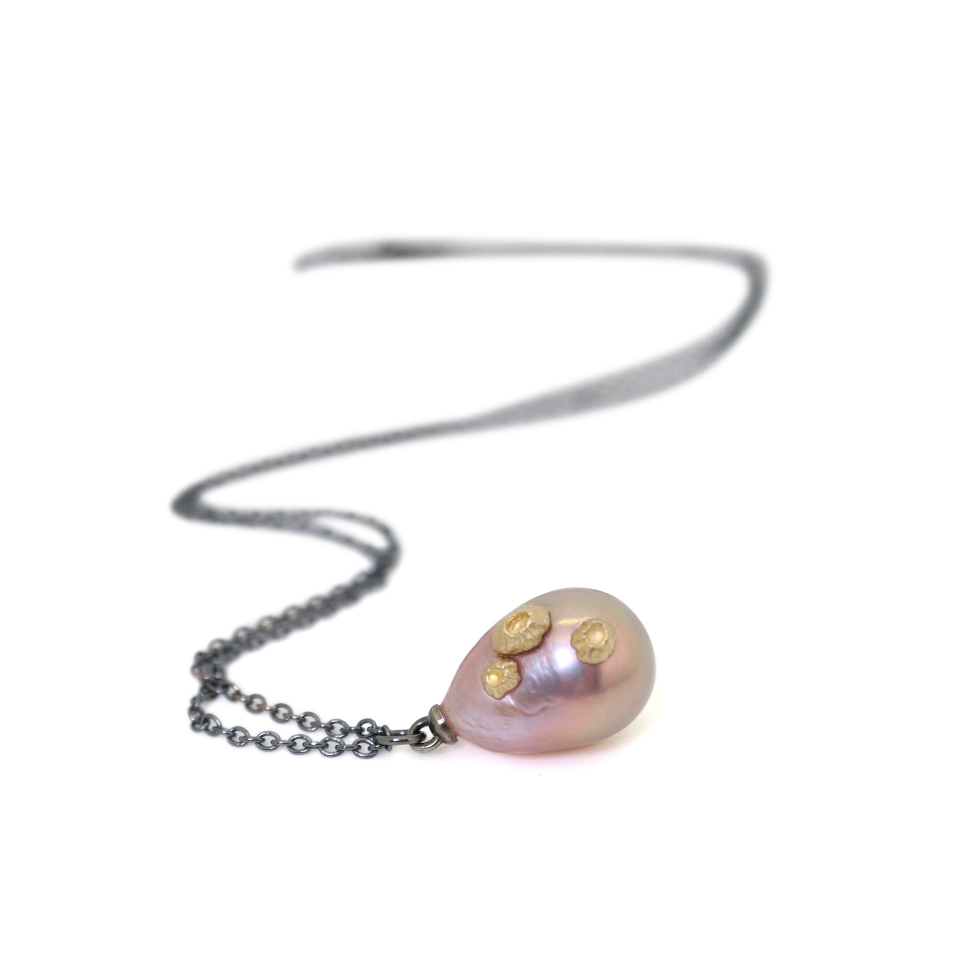 pink baroque freshwater pearl necklace with gold barnacles by hannah blount jewelry