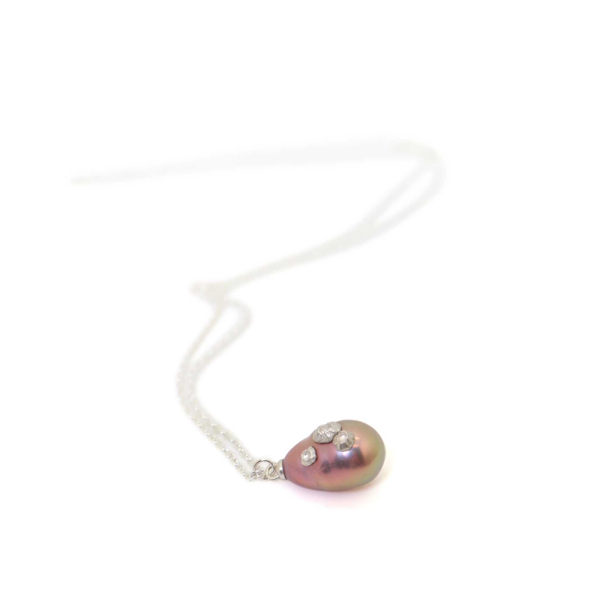 pink baroque freshwater pearl necklace with silver barnacles by hannah blount jewelry