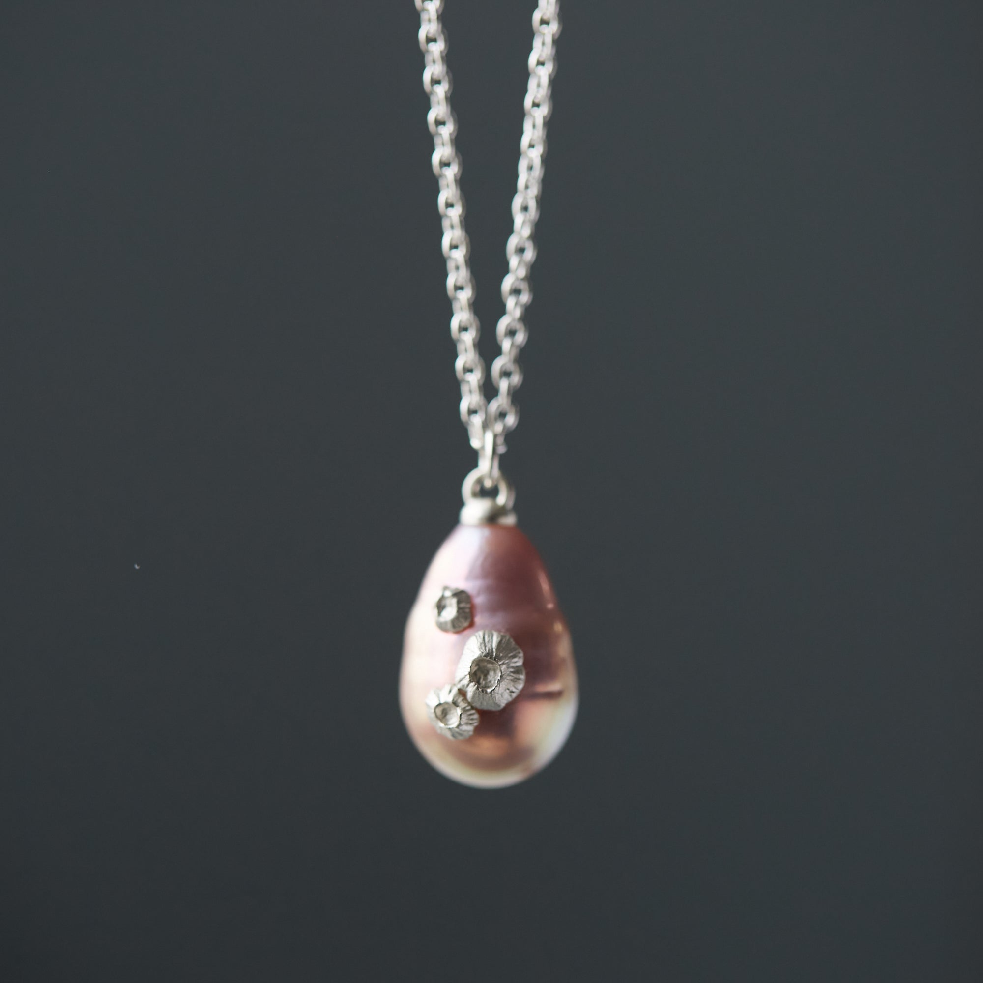 pink baroque freshwater pearl necklace with silver barnacles by hannah blount jewelry