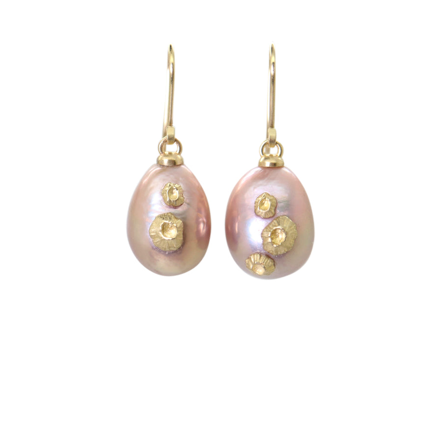 pink freshwater baroque pearl drop earrings with gold barnacles by hannah blount