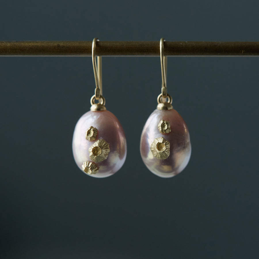 pink freshwater baroque pearl drop earrings with gold barnacles by hannah blount