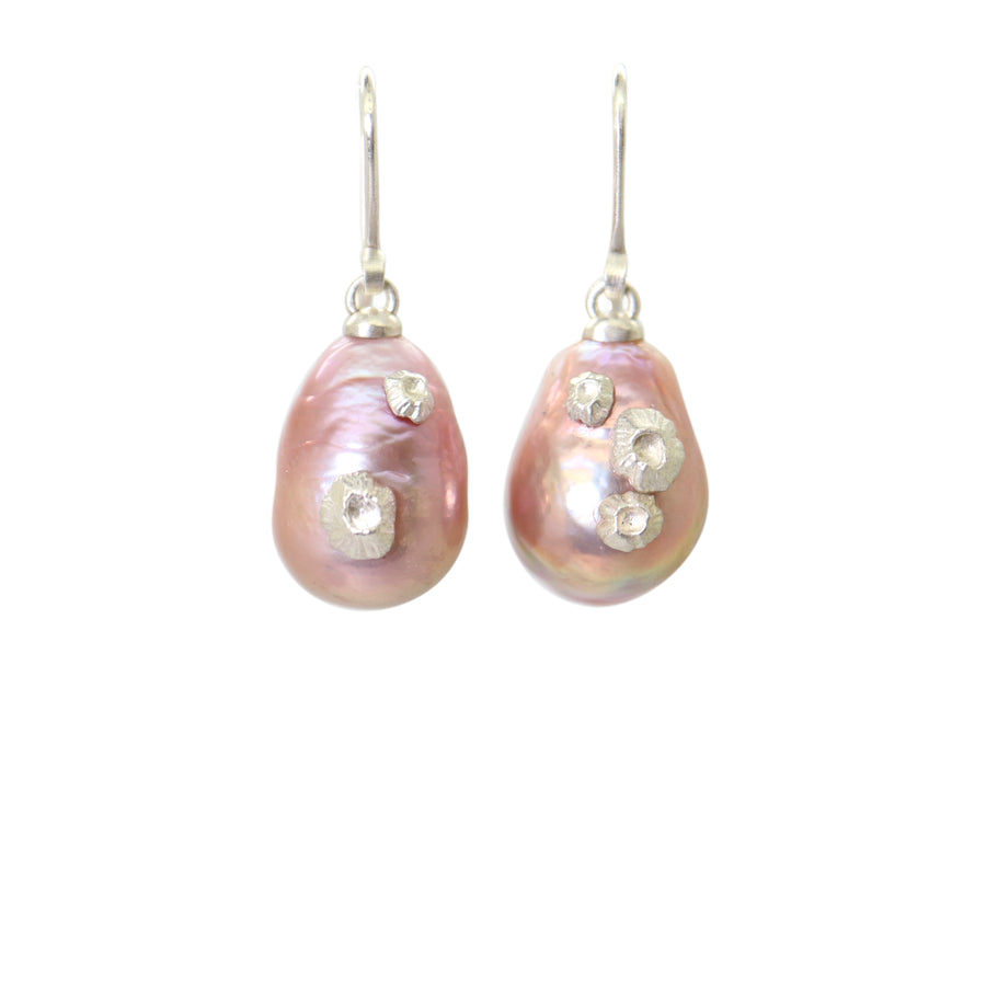 pink freshwater baroque pearl drop earrings with silver barnacles by hannah blount