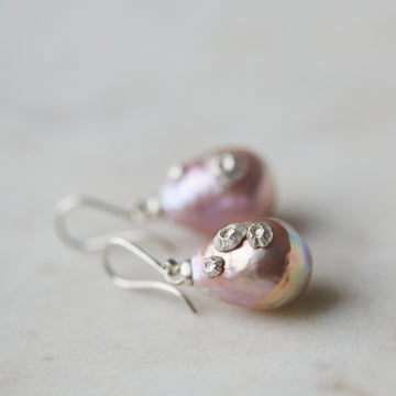 pink freshwater baroque pearl drop earrings with silver barnacles by hannah blount